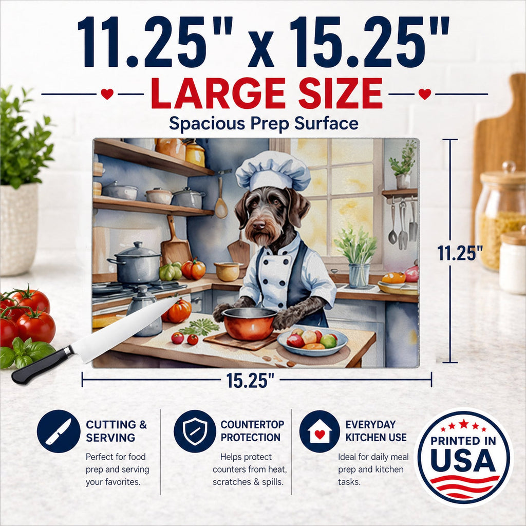 German Wirehaired Pointer The Chef Cutting Board Tempered Glass Kitchen Cutting Surface, Heat Resistant Chopping, Non-Slip Feet, Food Prep & Serving