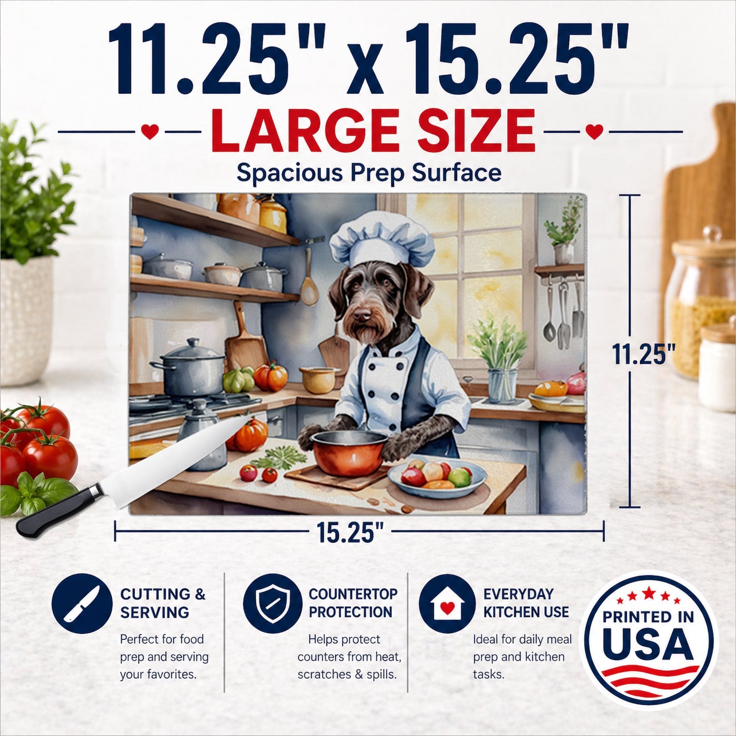 German Wirehaired Pointer The Chef Cutting Board Tempered Glass Kitchen Cutting Surface, Heat Resistant Chopping, Non-Slip Feet, Food Prep & Serving