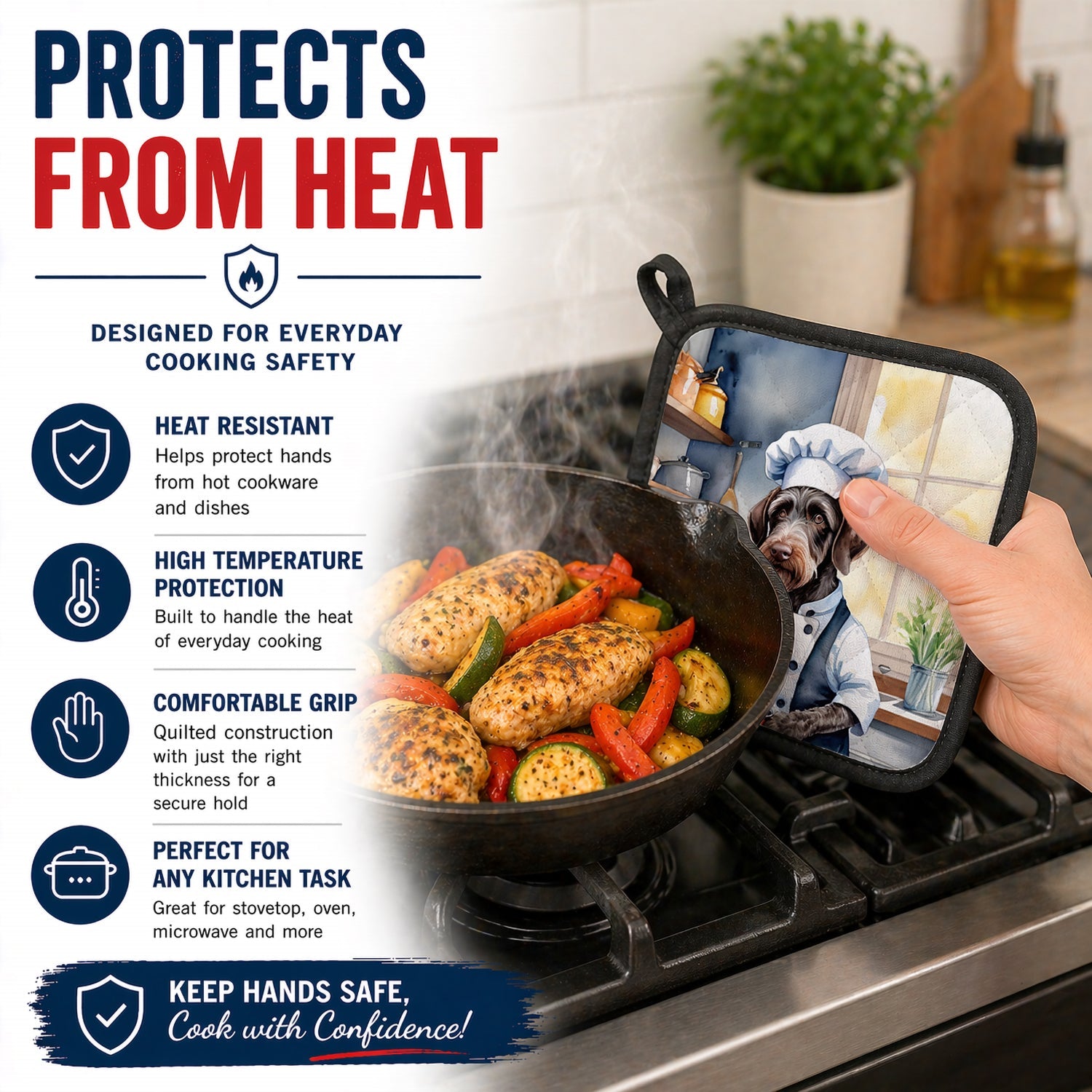 German Wirehaired Pointer The Chef Pot Holder Set of 2 Heat Resistant Quilted Hot Pads 7.5 x 7.5 Inch, Insulated Kitchen Trivets for Cooking & Baking