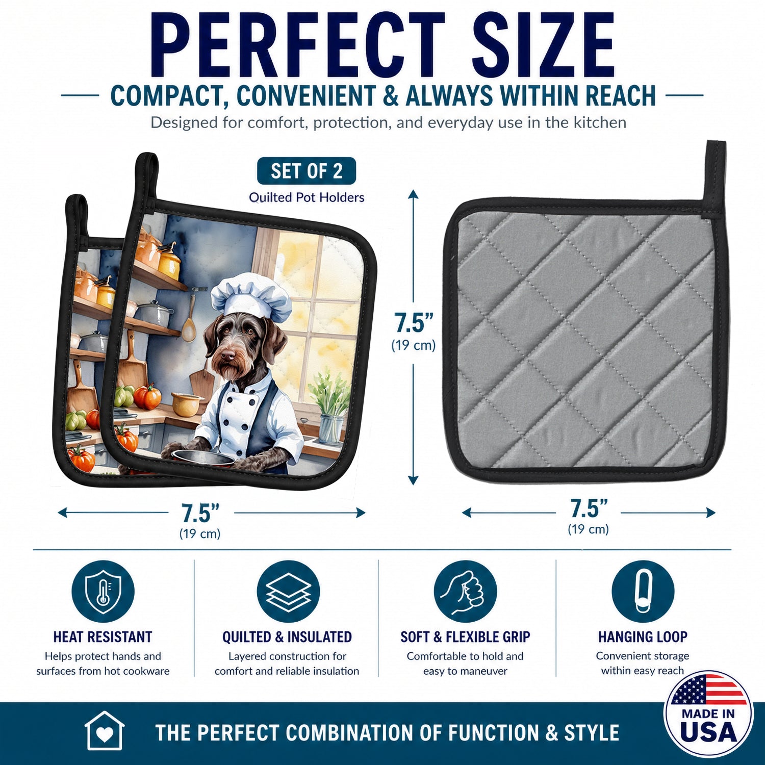 German Wirehaired Pointer The Chef Pot Holder Set of 2 Heat Resistant Quilted Hot Pads 7.5 x 7.5 Inch, Insulated Kitchen Trivets for Cooking & Baking
