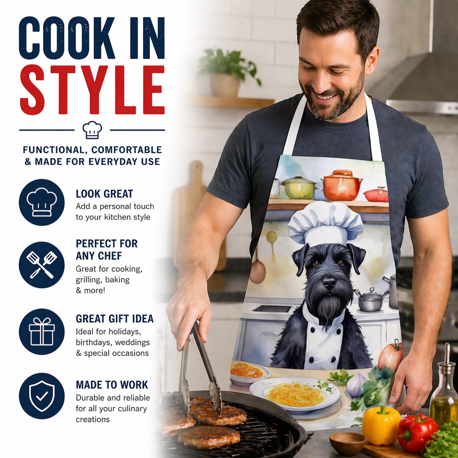 Giant Schnauzer The Chef Apron Cooking Kitchen Server Baking Crafts Gardening for Adult Women Men, Unisex, Large, Multicolor