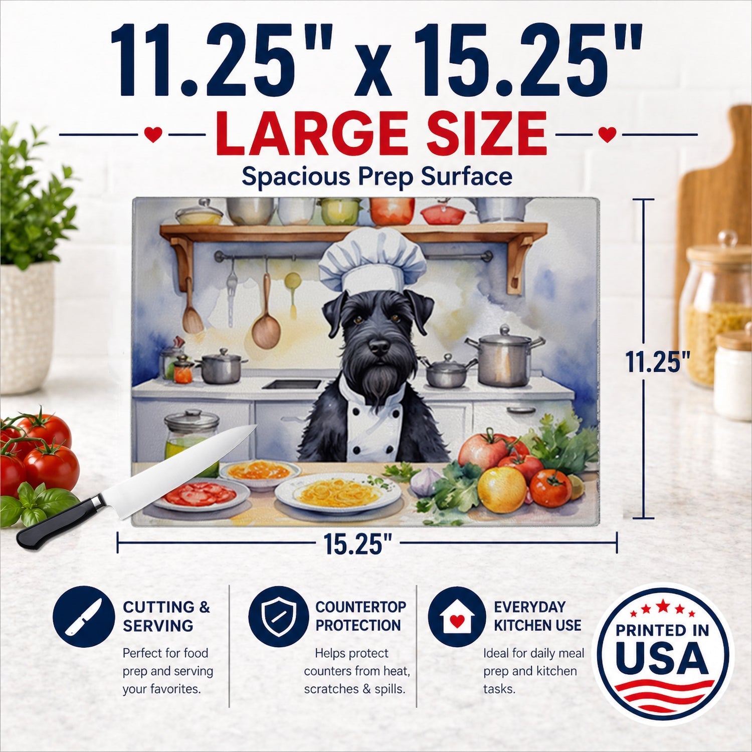 Giant Schnauzer The Chef Cutting Board Tempered Glass Kitchen Cutting Surface, Heat Resistant Chopping, Non-Slip Feet, Food Prep & Serving