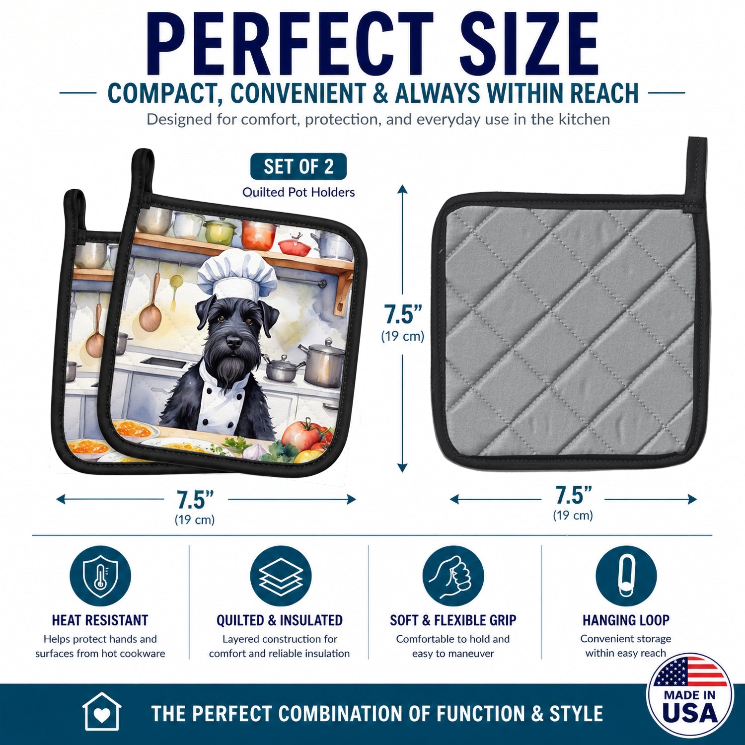Giant Schnauzer The Chef Pot Holder Set of 2 Heat Resistant Quilted Hot Pads 7.5 x 7.5 Inch, Insulated Kitchen Trivets for Cooking & Baking