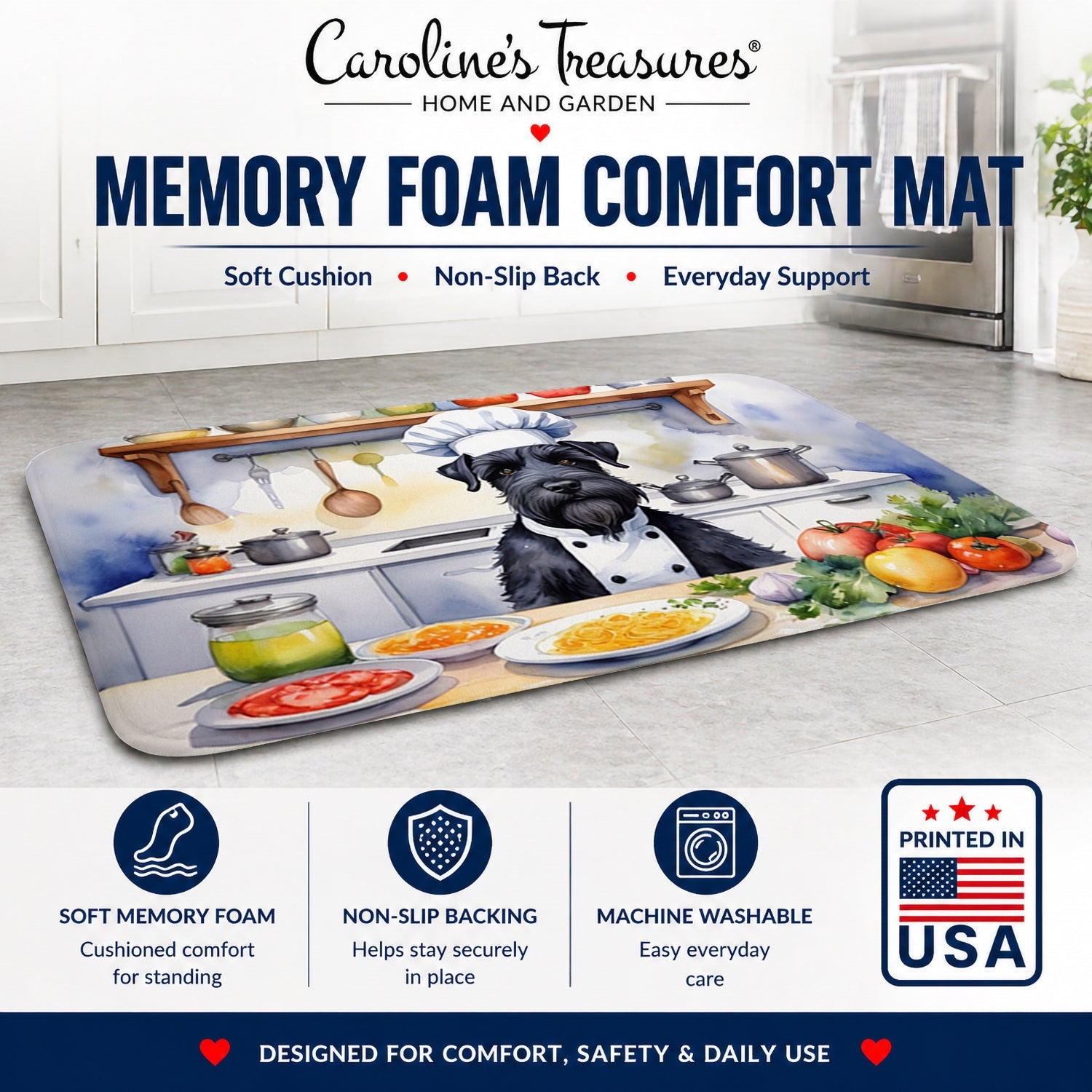 Giant Schnauzer The Chef Memory Foam Kitchen Mat Machine Washable Anti-Fatigue Cushion Comfort Bath or Kitchen Rug