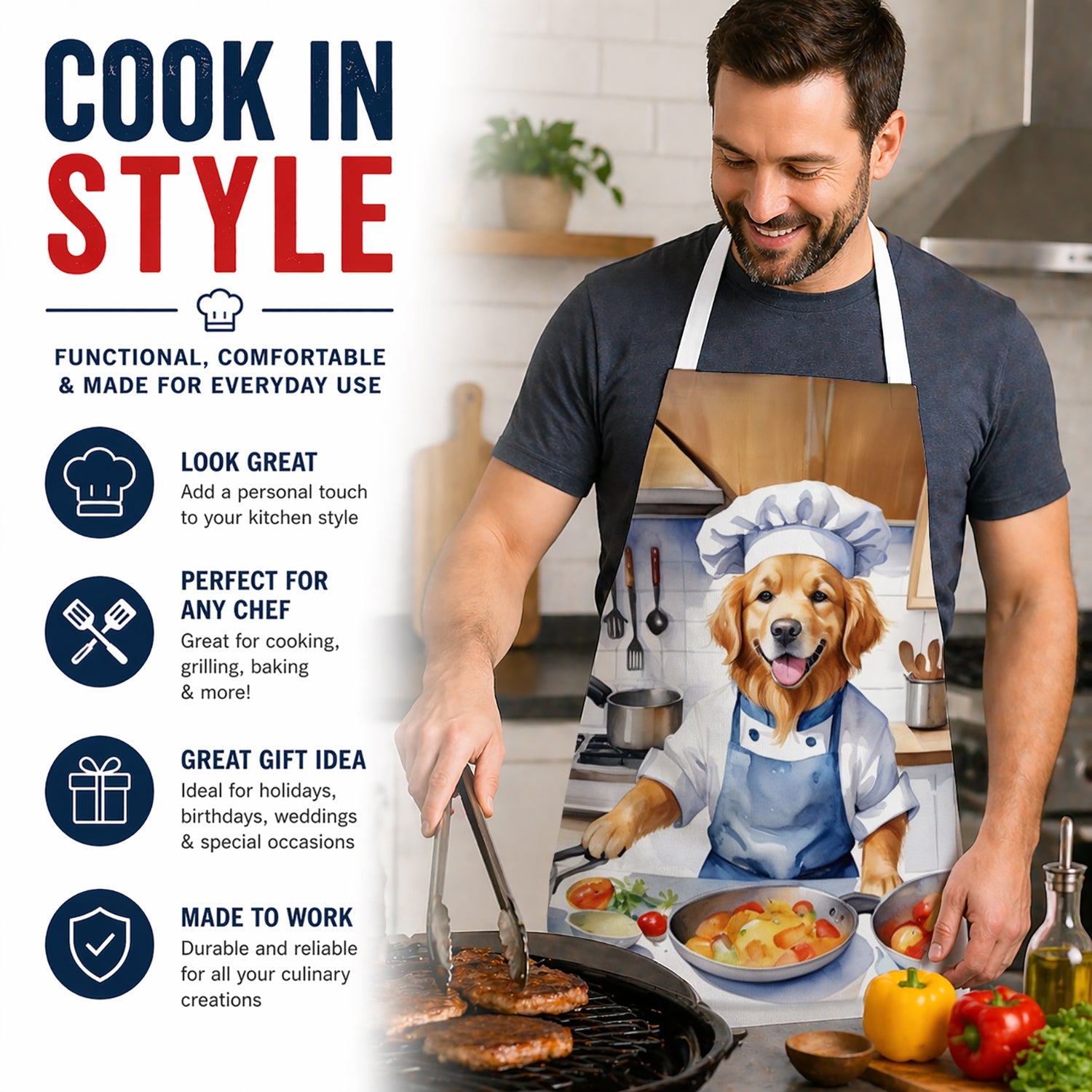 Golden Retriever The Chef Apron Cooking Kitchen Server Baking Crafts Gardening for Adult Women Men, Unisex, Large, Multicolor