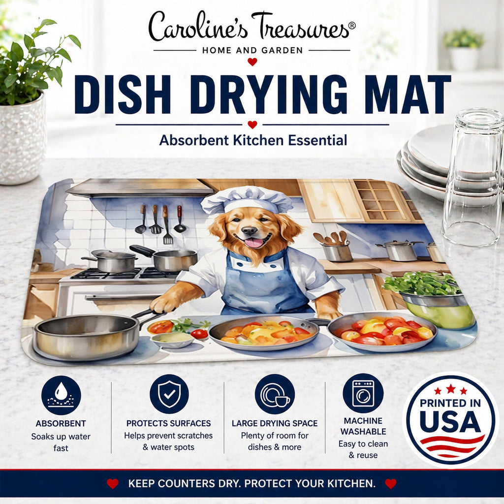 Golden Retriever The Chef Dish Drying Mat Absorbent Dish Drying Mat Pad for Kitchen Counter Dish Drainer Mat for Countertop, 14 x 21", Multicolor