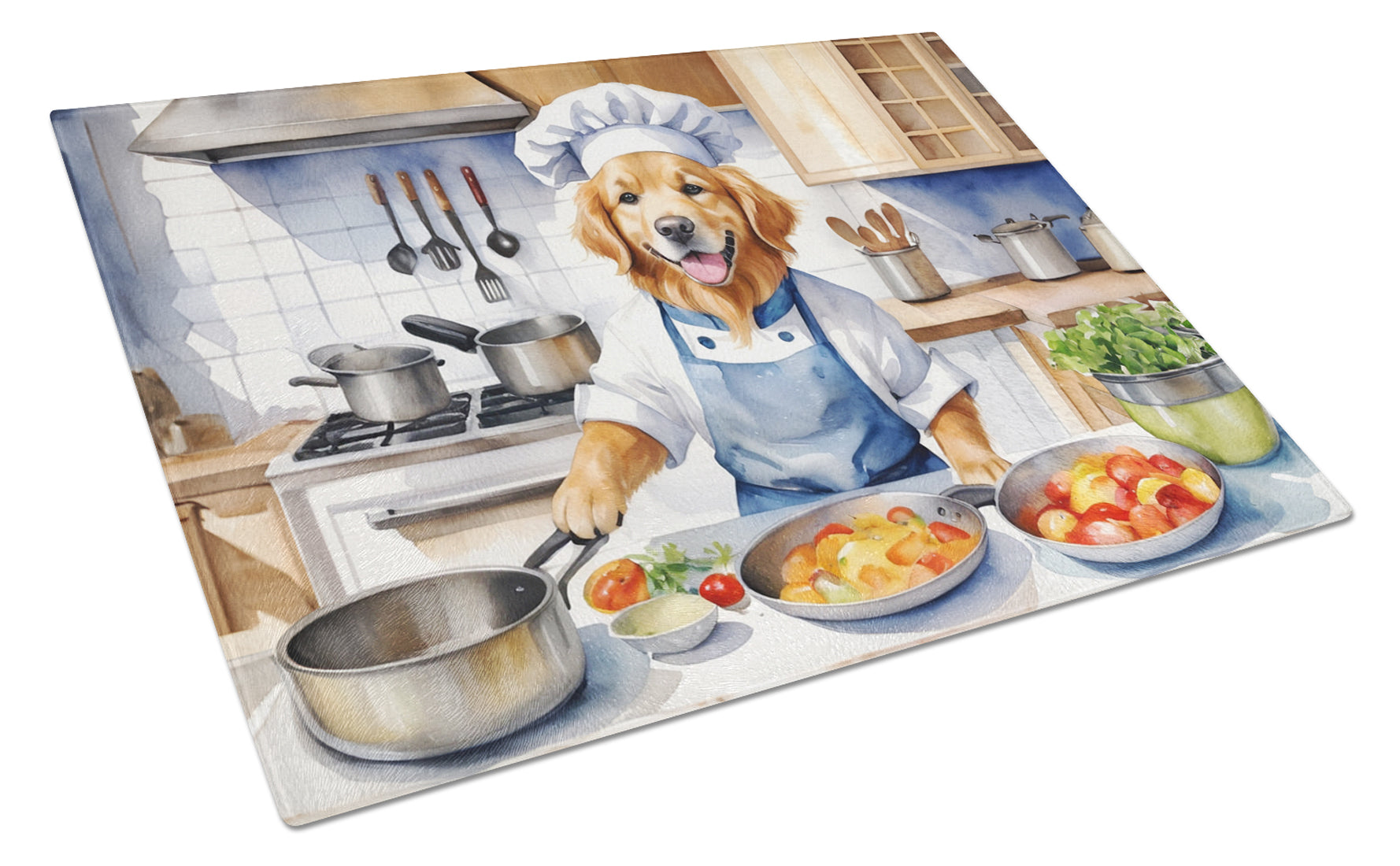 Golden Retriever The Chef Cutting Board Tempered Glass Kitchen Cutting Surface, Heat Resistant Chopping, Non-Slip Feet, Food Prep & Serving