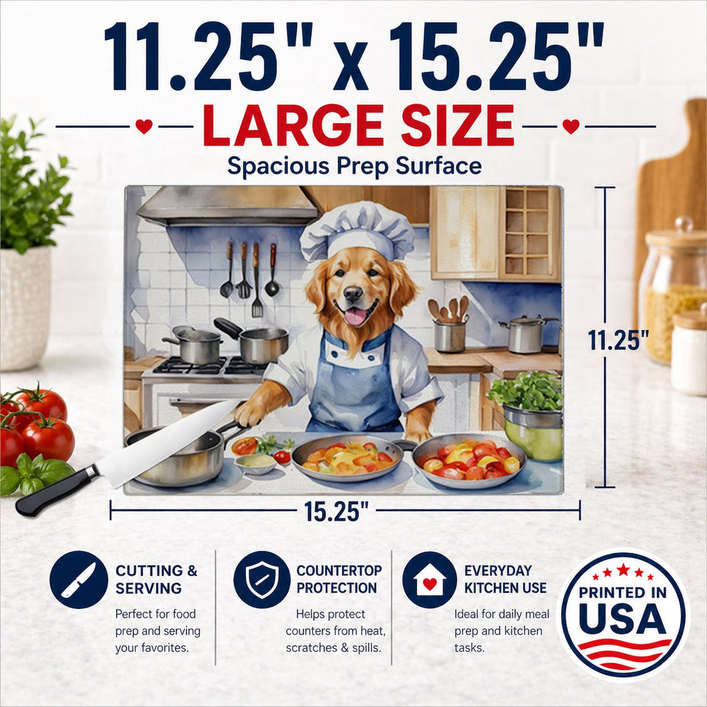 Golden Retriever The Chef Cutting Board Tempered Glass Kitchen Cutting Surface, Heat Resistant Chopping, Non-Slip Feet, Food Prep & Serving
