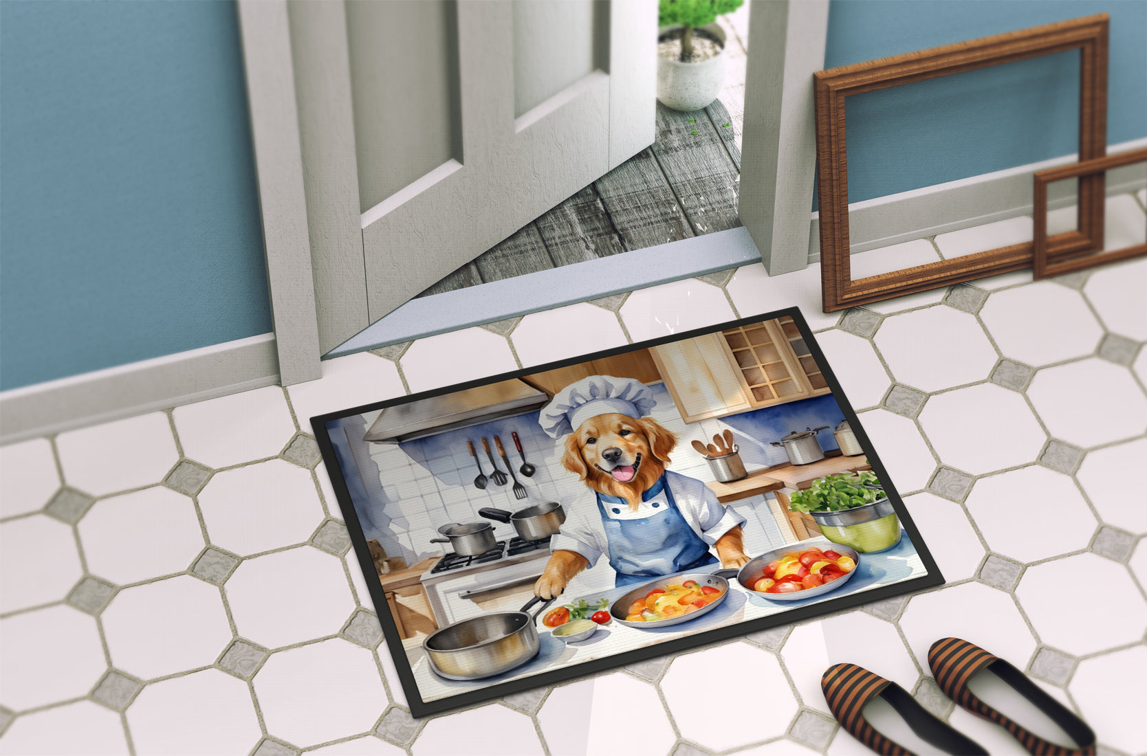 Golden Retriever The Chef Doormat Indoor Outdoor 18H X 27W Front Door Mat Rugs for Entryway, Non Slip Washable