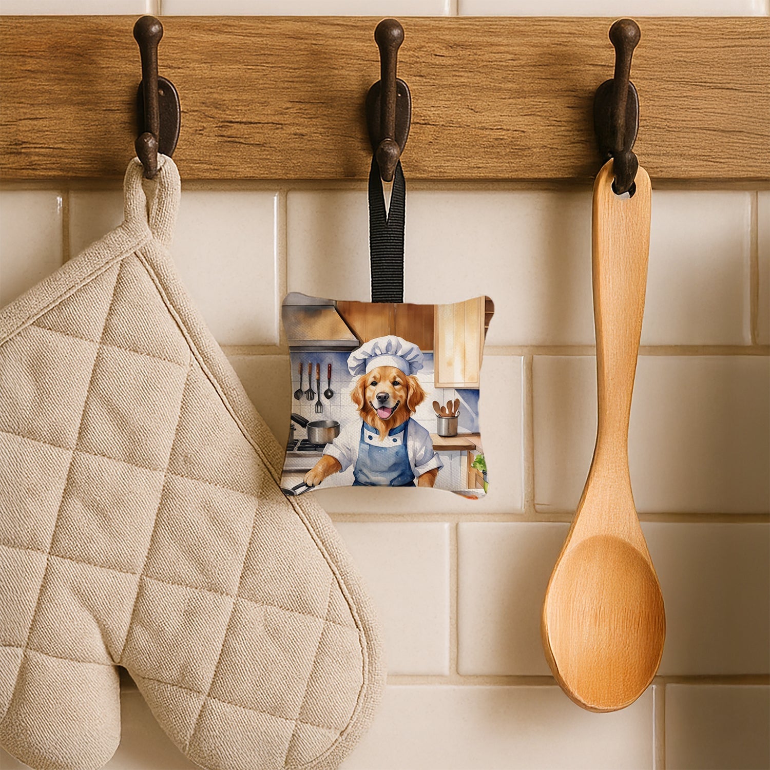 Golden Retriever The Chef Hanging Square Fabric Ornament 3.5 × 3.5 Decorative Door-Knob & Tree Hanger, Soft Fabric