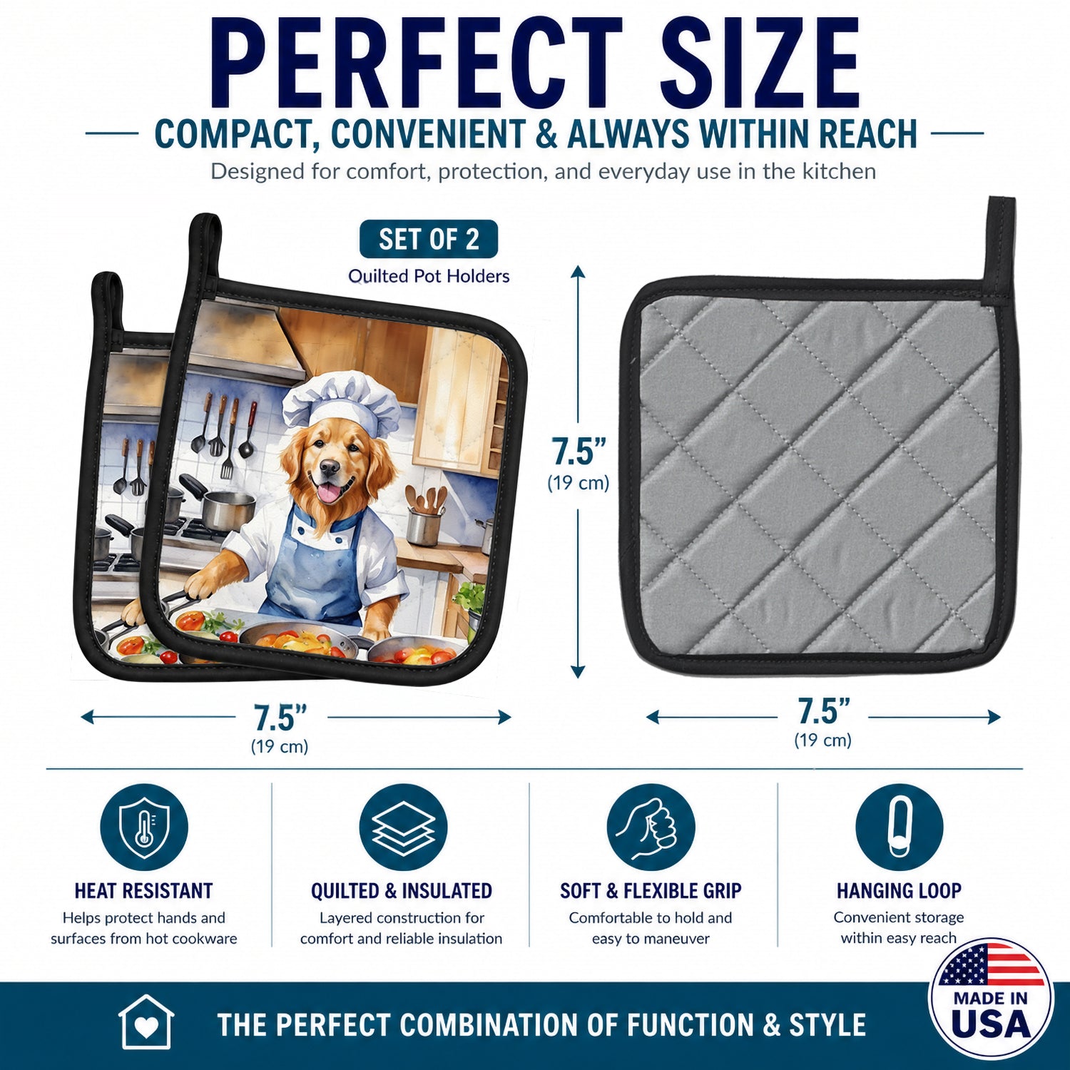 Golden Retriever The Chef Pot Holder Set of 2 Heat Resistant Quilted Hot Pads 7.5 x 7.5 Inch, Insulated Kitchen Trivets for Cooking & Baking