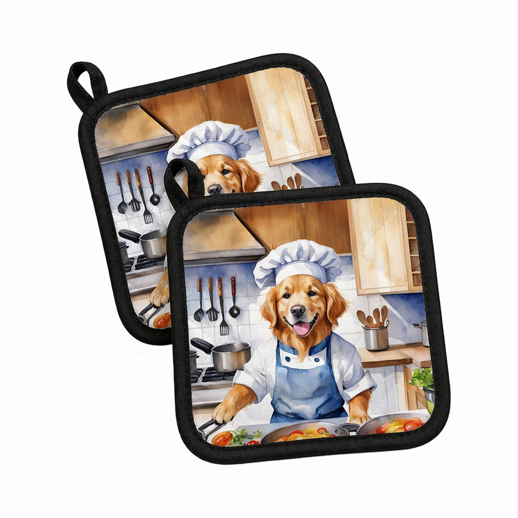 Golden Retriever The Chef Pot Holder Set of 2 Heat Resistant Quilted Hot Pads 7.5 x 7.5 Inch, Insulated Kitchen Trivets for Cooking & Baking