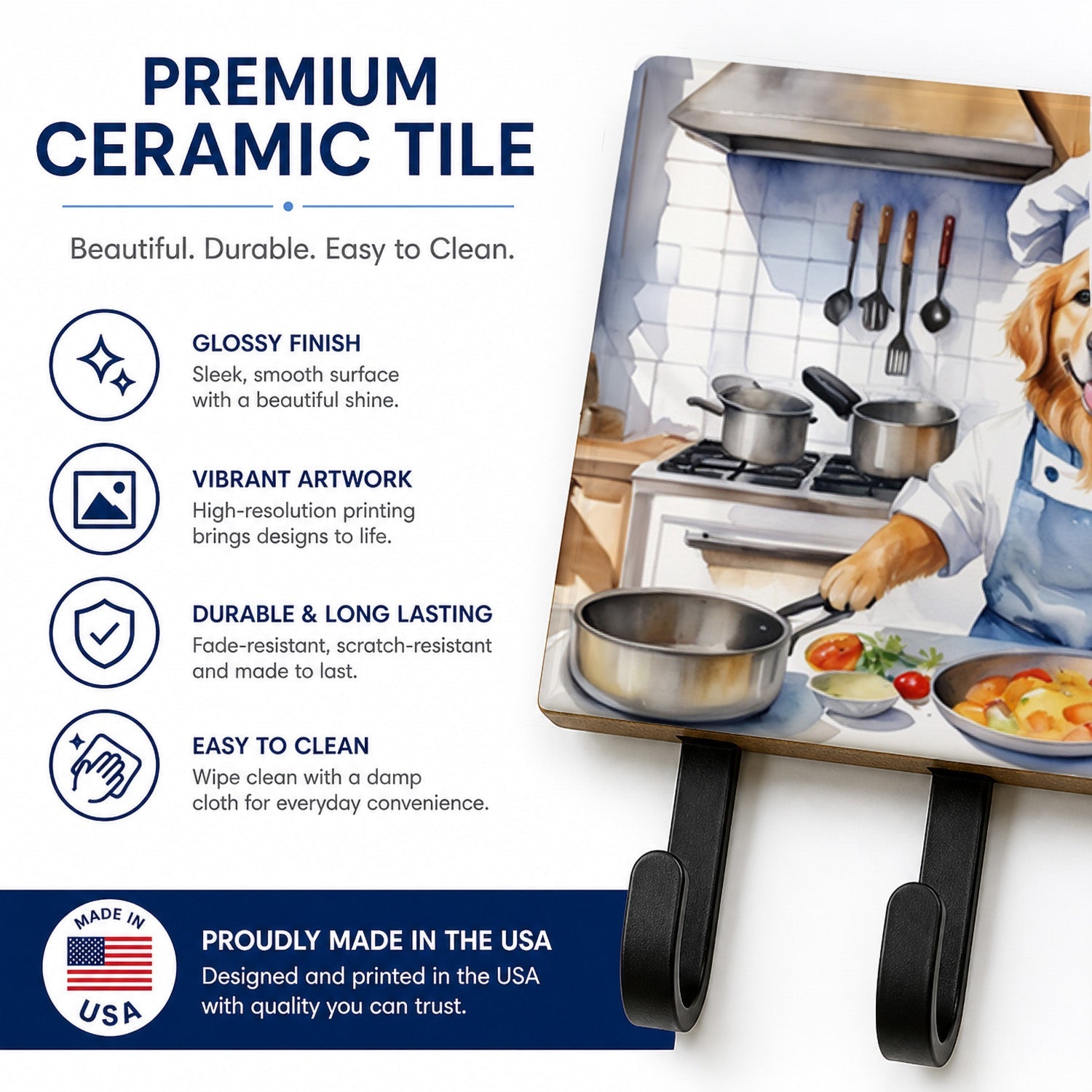 Golden Retriever The Chef Leash or Key Holder Wall Hooks, Coat Rack Wall Mount, for Hanging Keys, Towels, Aprons, Leashes