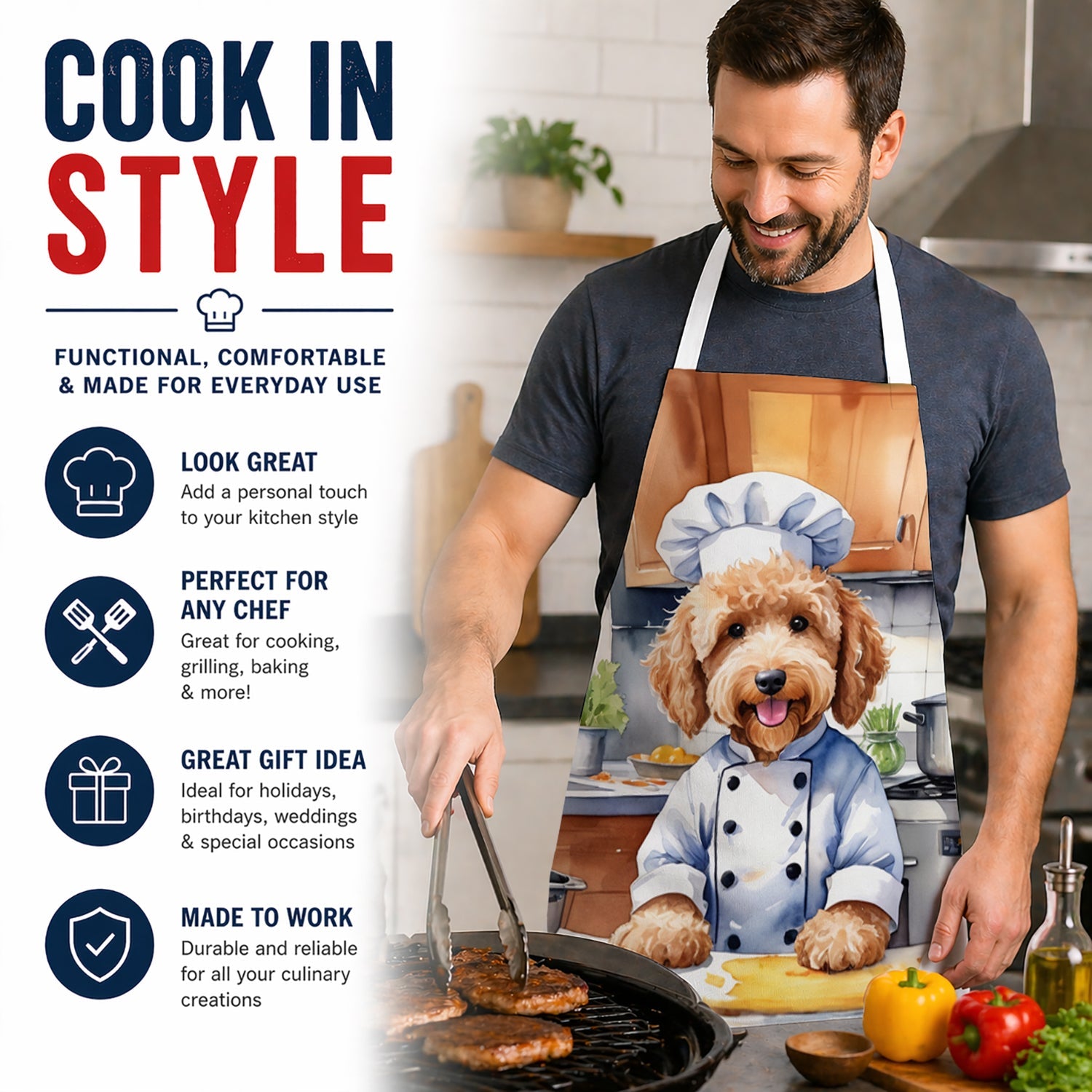 Goldendoodle The Chef Apron Cooking Kitchen Server Baking Crafts Gardening for Adult Women Men, Unisex, Large, Multicolor