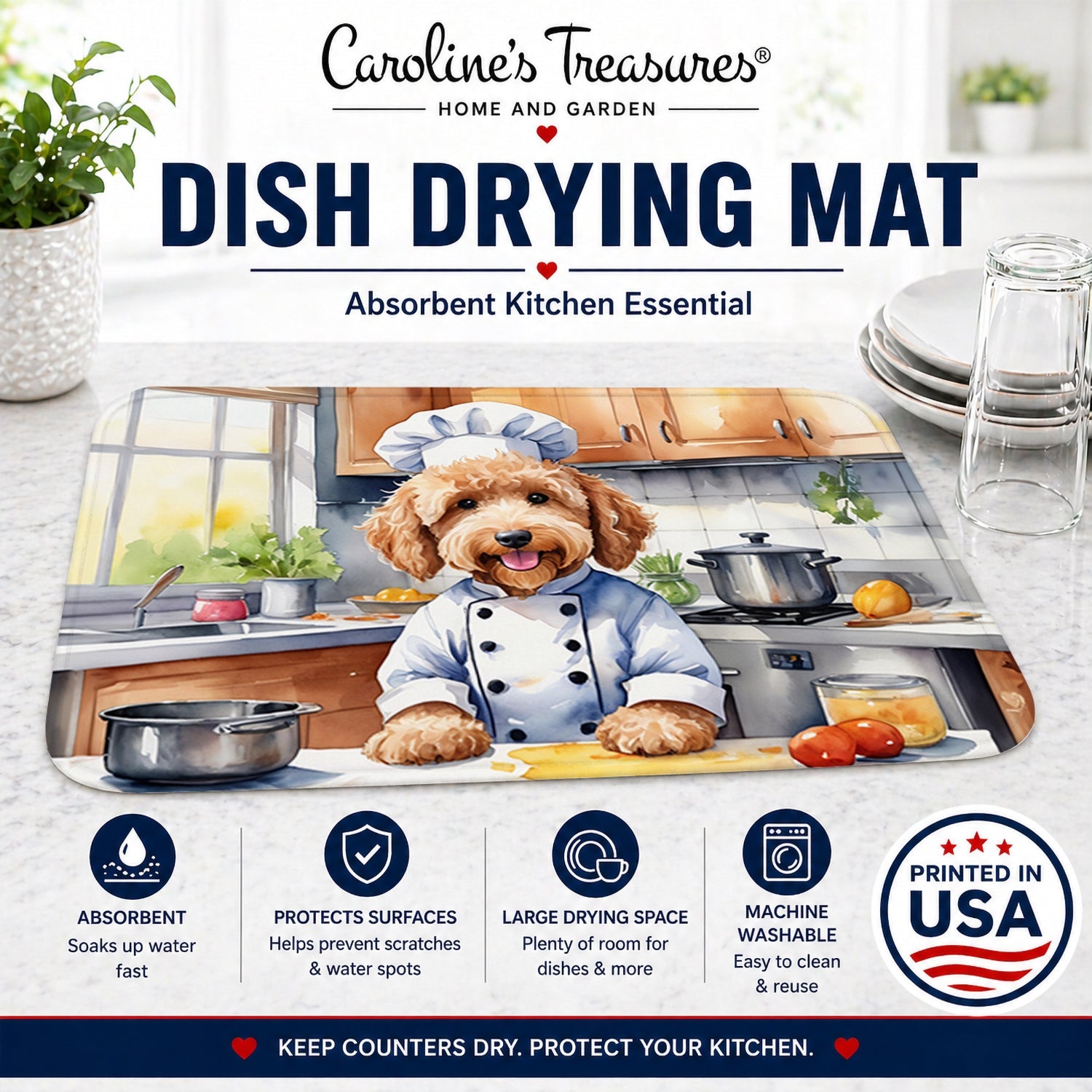 Goldendoodle The Chef Dish Drying Mat Absorbent Dish Drying Mat Pad for Kitchen Counter Dish Drainer Mat for Countertop, 14 x 21", Multicolor