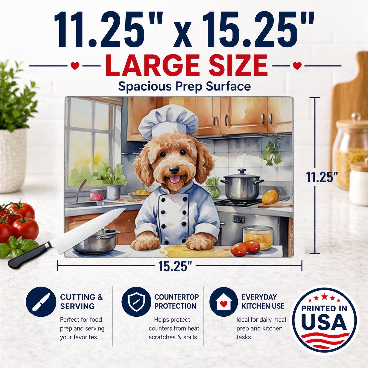 Goldendoodle The Chef Cutting Board Tempered Glass Kitchen Cutting Surface, Heat Resistant Chopping, Non-Slip Feet, Food Prep & Serving
