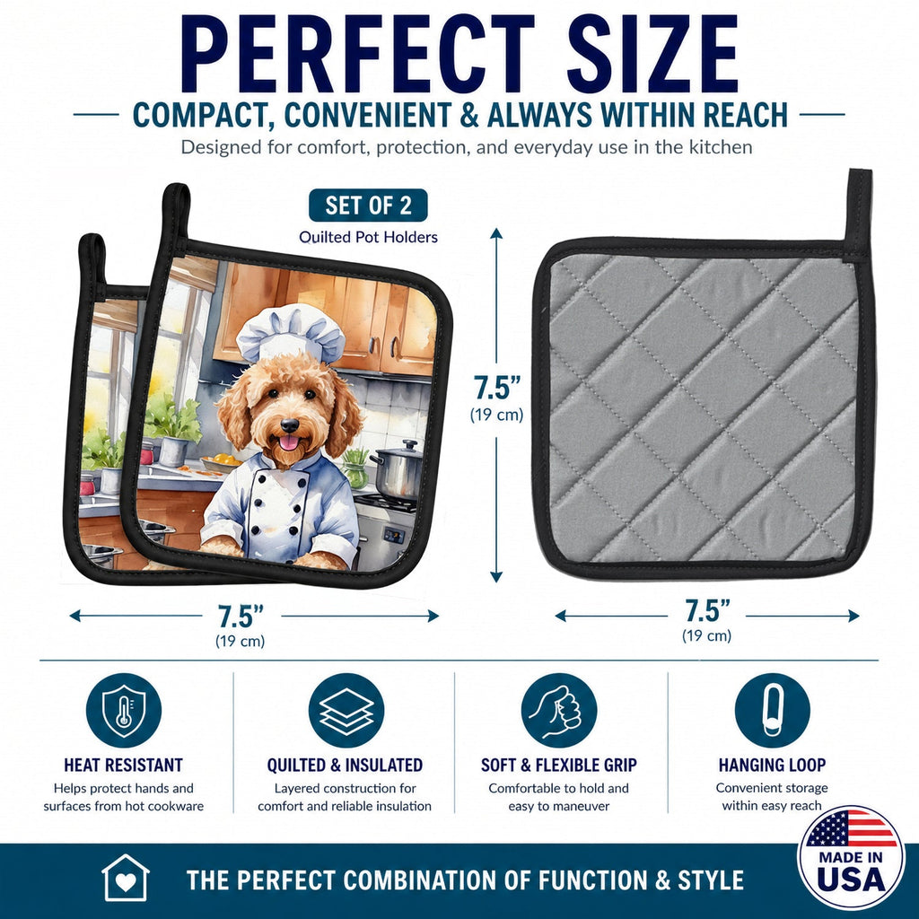 Goldendoodle The Chef Pot Holder Set of 2 Heat Resistant Quilted Hot Pads 7.5 x 7.5 Inch, Insulated Kitchen Trivets for Cooking & Baking