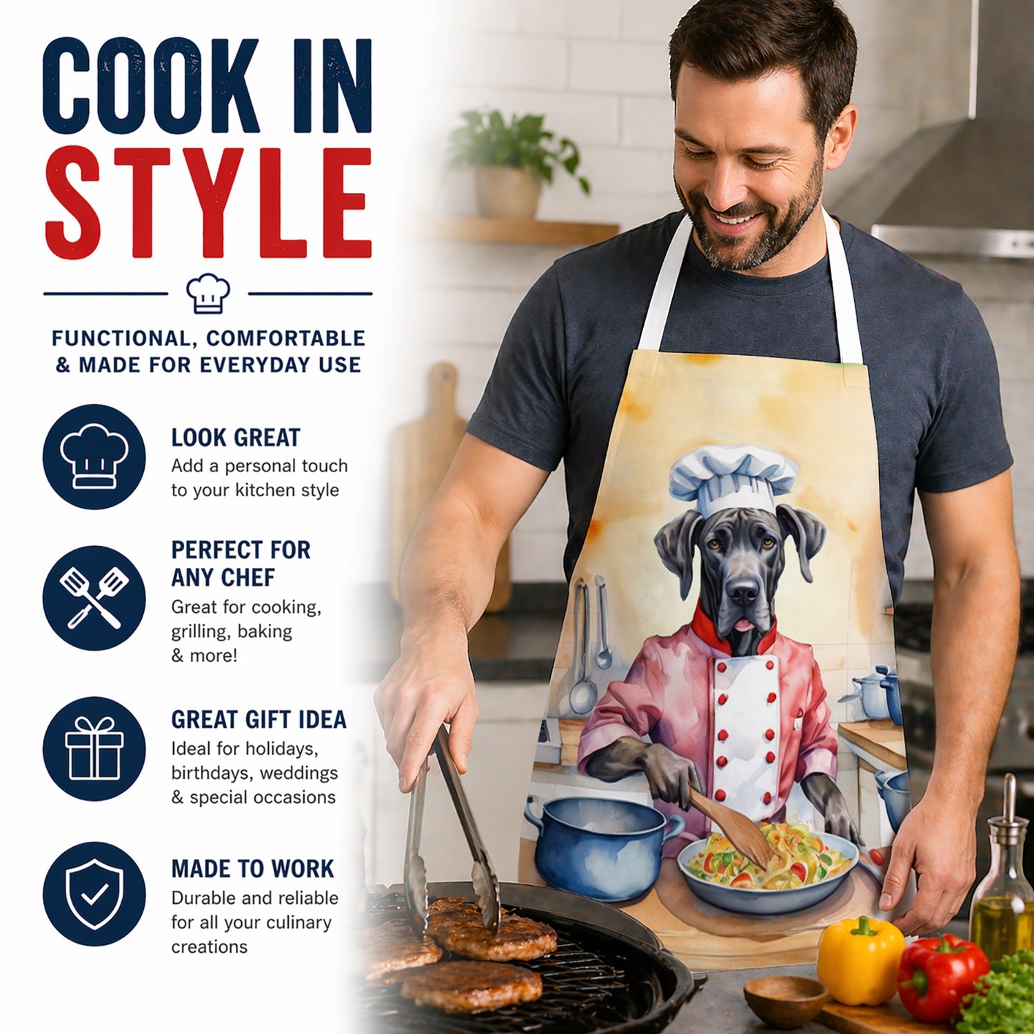 Great Dane The Chef Apron Cooking Kitchen Server Baking Crafts Gardening for Adult Women Men, Unisex, Large, Multicolor