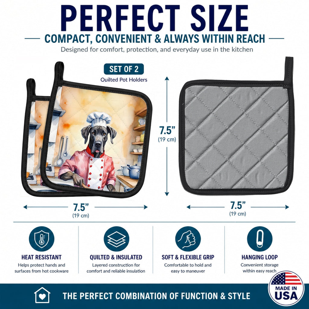 Great Dane The Chef Pot Holder Set of 2 Heat Resistant Quilted Hot Pads 7.5 x 7.5 Inch, Insulated Kitchen Trivets for Cooking & Baking