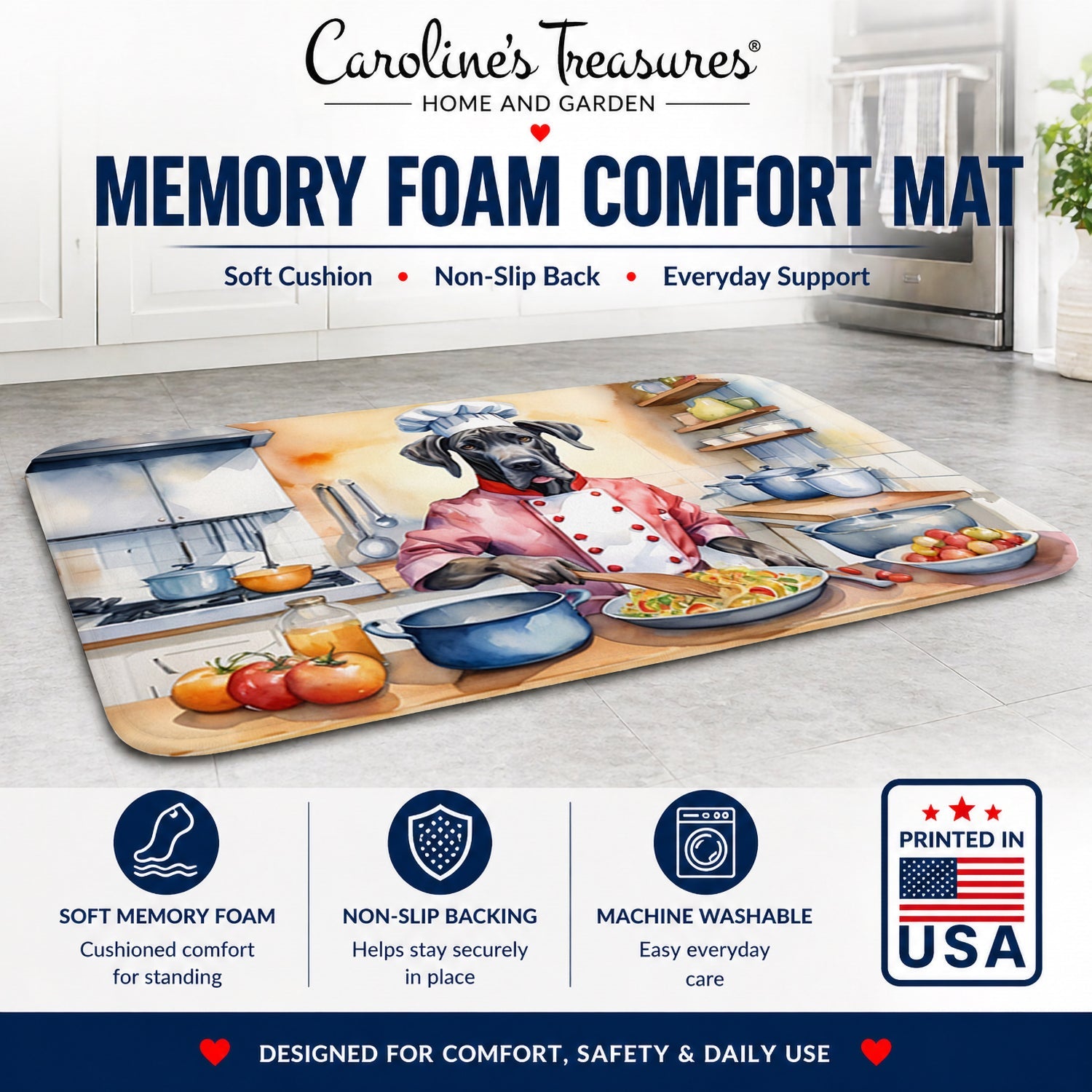Great Dane The Chef Memory Foam Kitchen Mat Machine Washable Anti-Fatigue Cushion Comfort Bath or Kitchen Rug