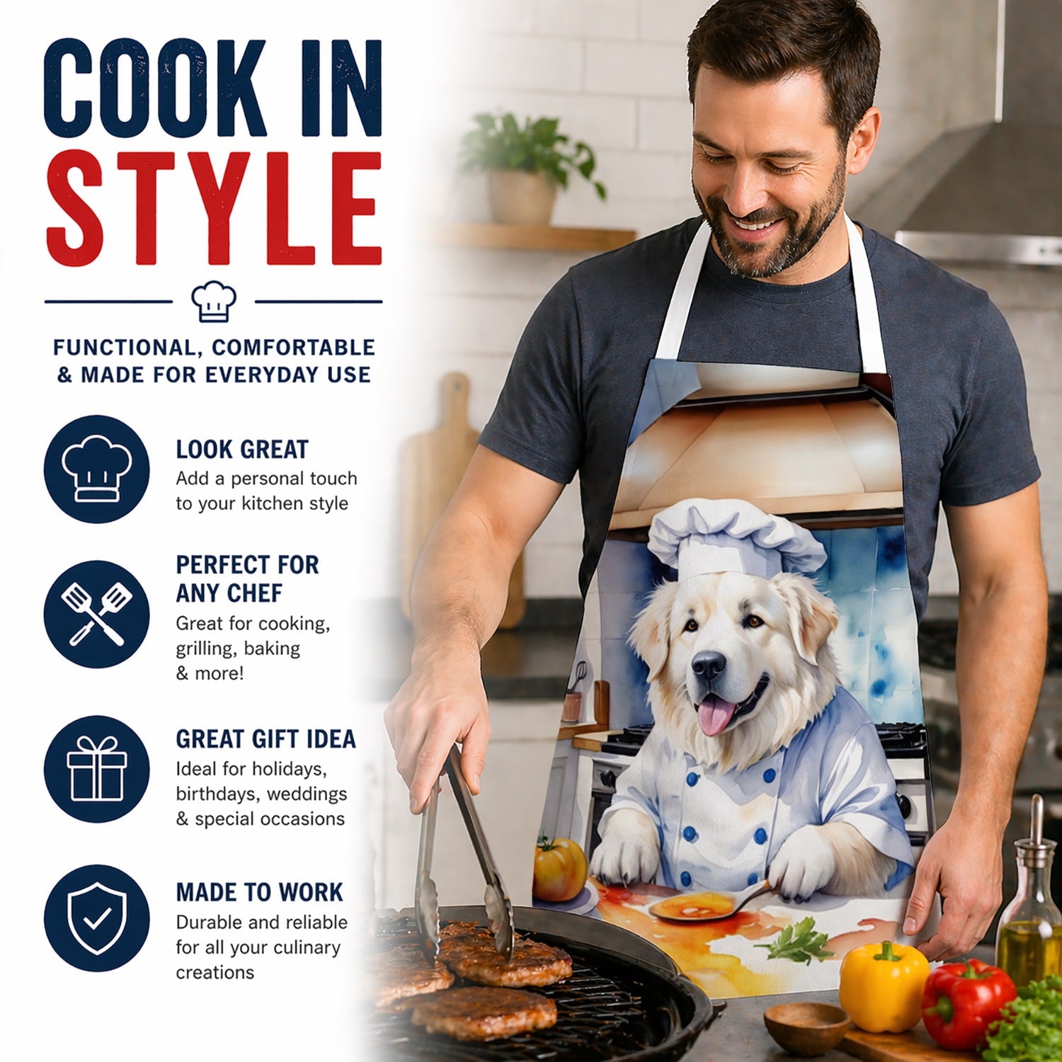 Great Pyrenees The Chef Apron Cooking Kitchen Server Baking Crafts Gardening for Adult Women Men, Unisex, Large, Multicolor