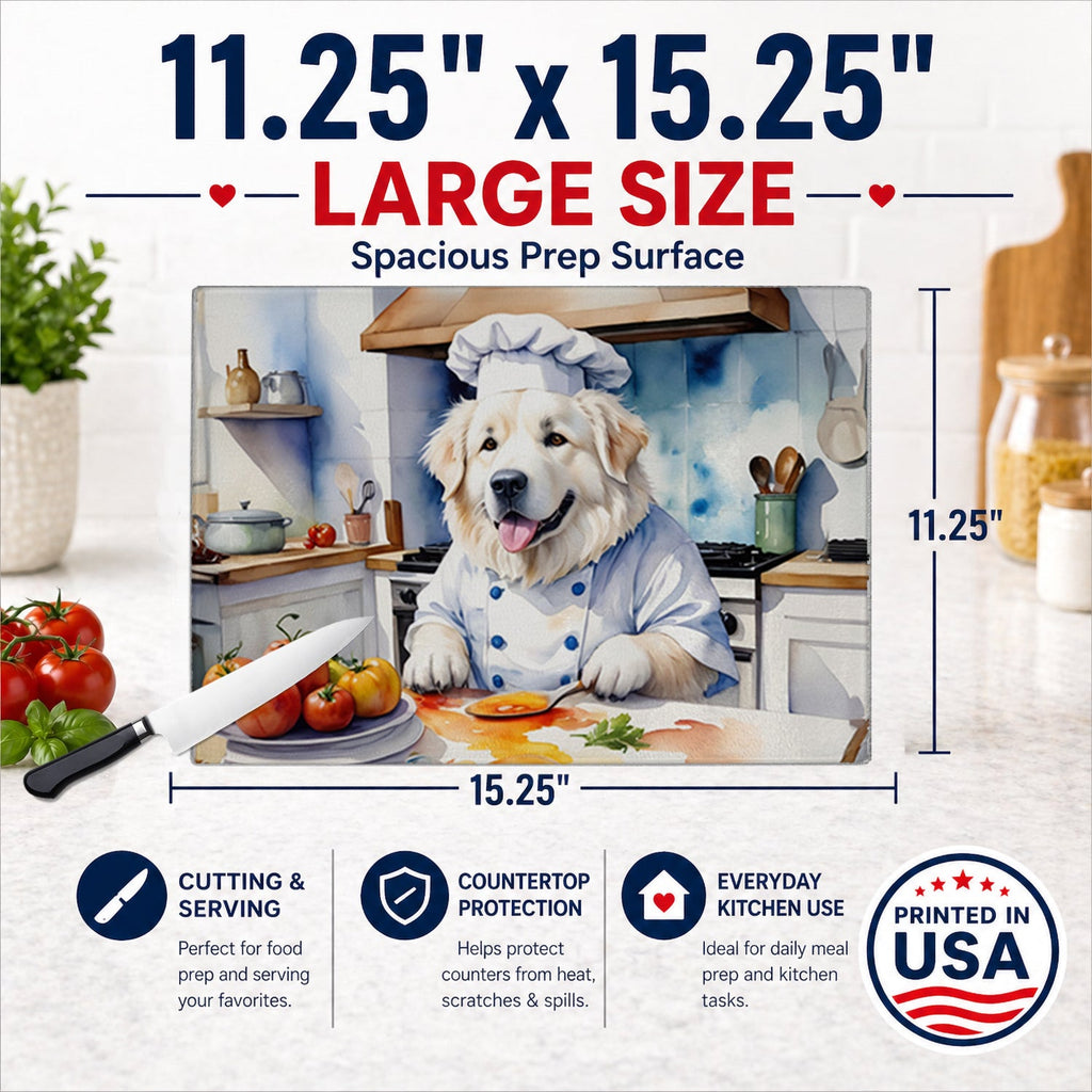 Great Pyrenees The Chef Cutting Board Tempered Glass Kitchen Cutting Surface, Heat Resistant Chopping, Non-Slip Feet, Food Prep & Serving