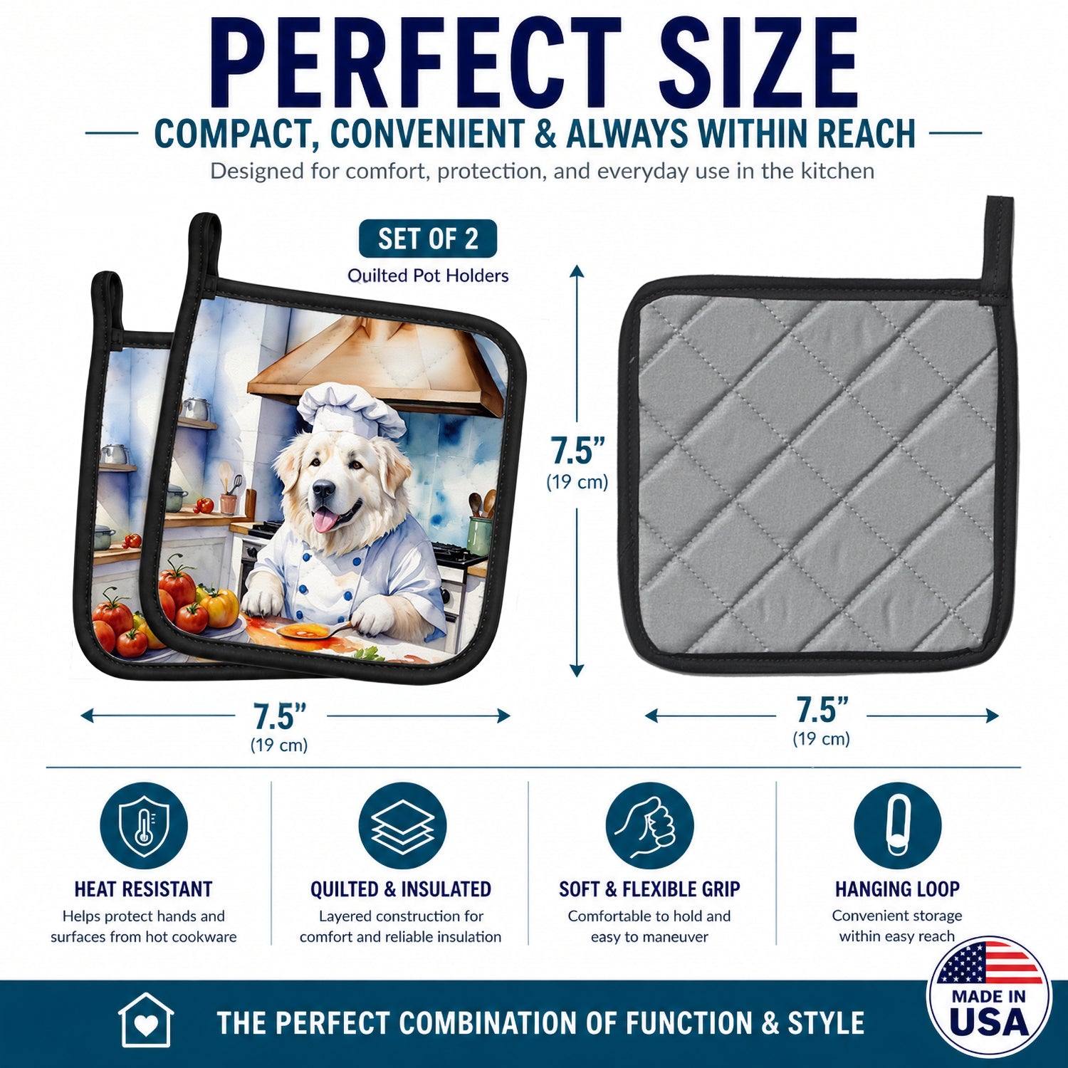 Great Pyrenees The Chef Pot Holder Set of 2 Heat Resistant Quilted Hot Pads 7.5 x 7.5 Inch, Insulated Kitchen Trivets for Cooking & Baking
