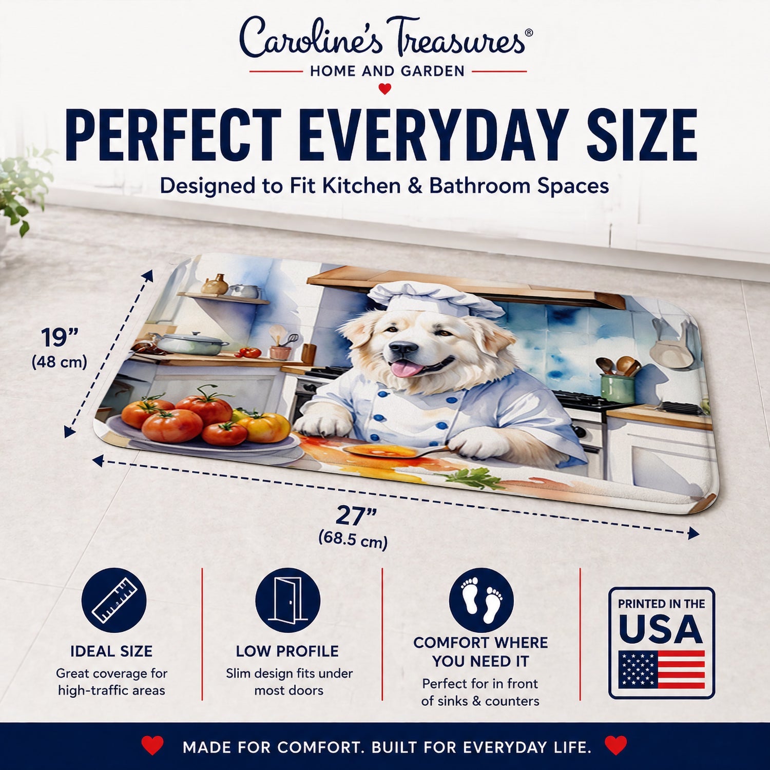 Great Pyrenees The Chef Memory Foam Kitchen Mat Machine Washable Anti-Fatigue Cushion Comfort Bath or Kitchen Rug