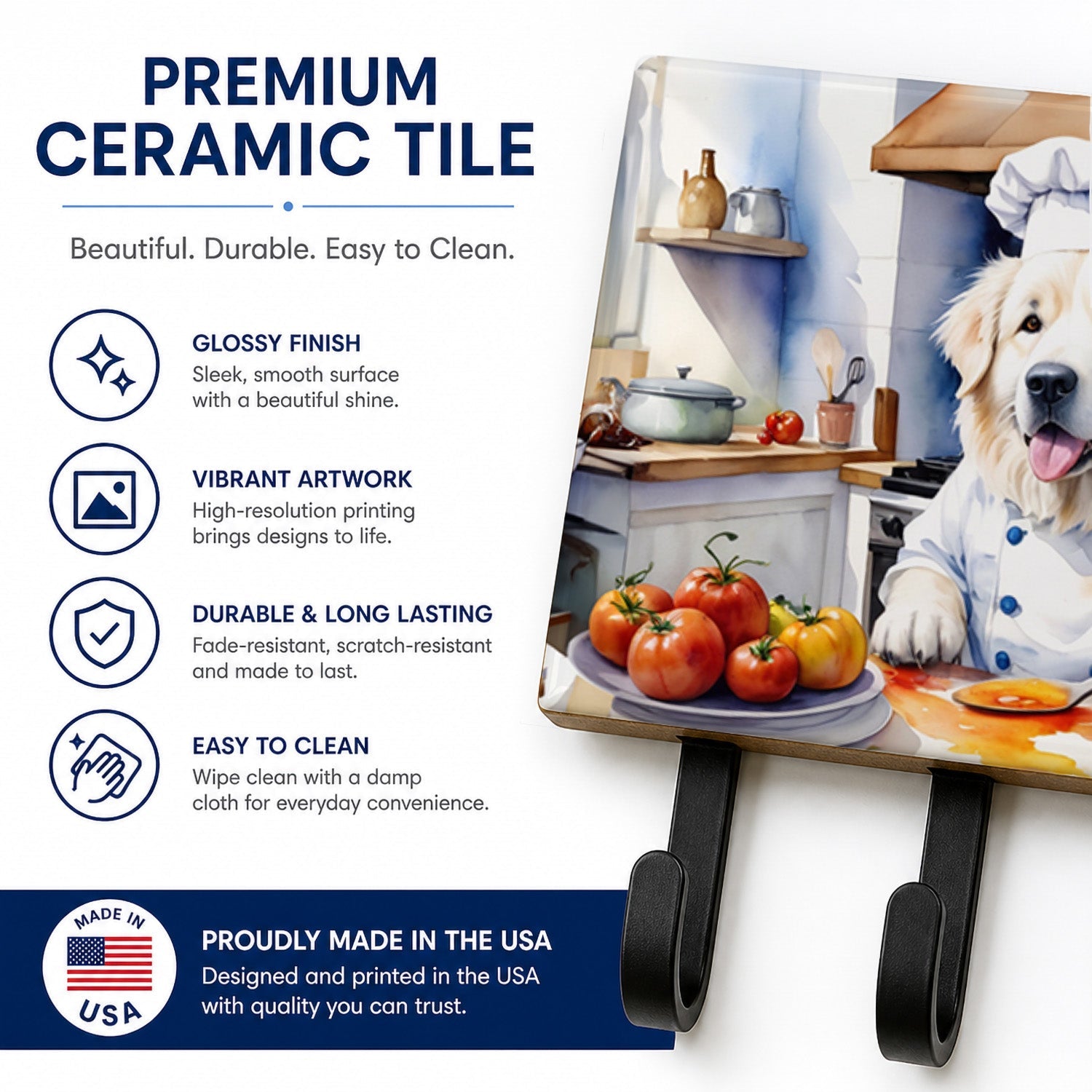 Great Pyrenees The Chef Leash or Key Holder Wall Hooks, Coat Rack Wall Mount, for Hanging Keys, Towels, Aprons, Leashes