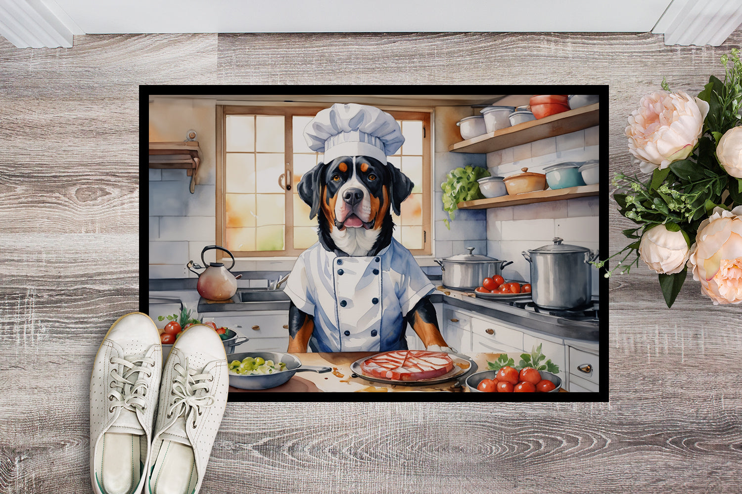Greater Swiss Mountain Dog The Chef Doormat Indoor Outdoor 24H X 36W Front Door Mat Rugs for Entryway, Non Slip Washable Low Pile,