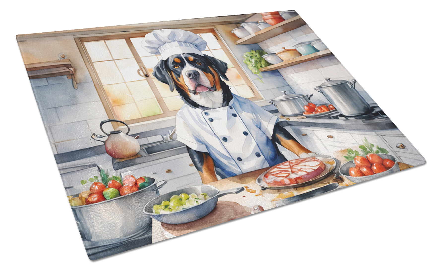 Greater Swiss Mountain Dog The Chef Cutting Board Tempered Glass Kitchen Cutting Surface, Heat Resistant Chopping, Non-Slip Feet, Food Prep & Serving