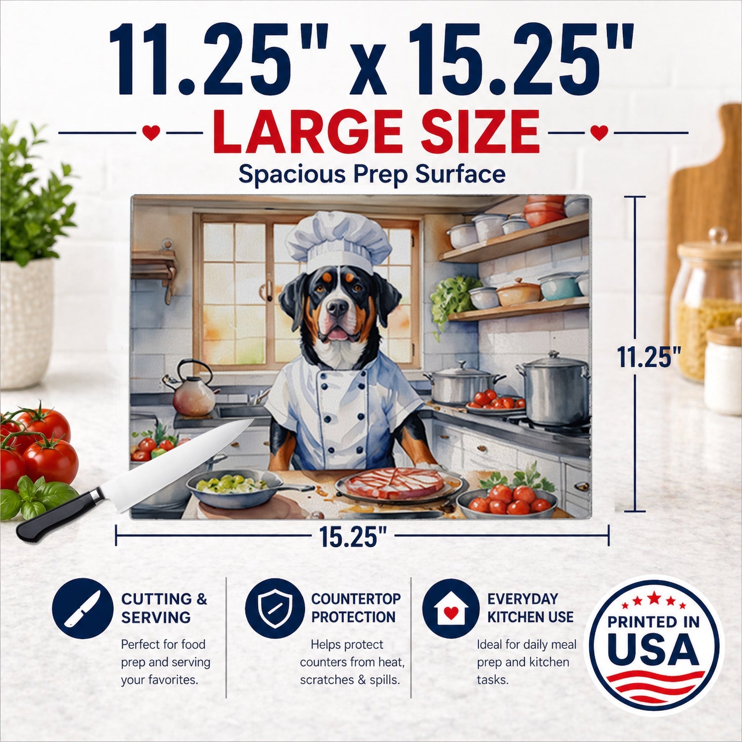 Greater Swiss Mountain Dog The Chef Cutting Board Tempered Glass Kitchen Cutting Surface, Heat Resistant Chopping, Non-Slip Feet, Food Prep & Serving