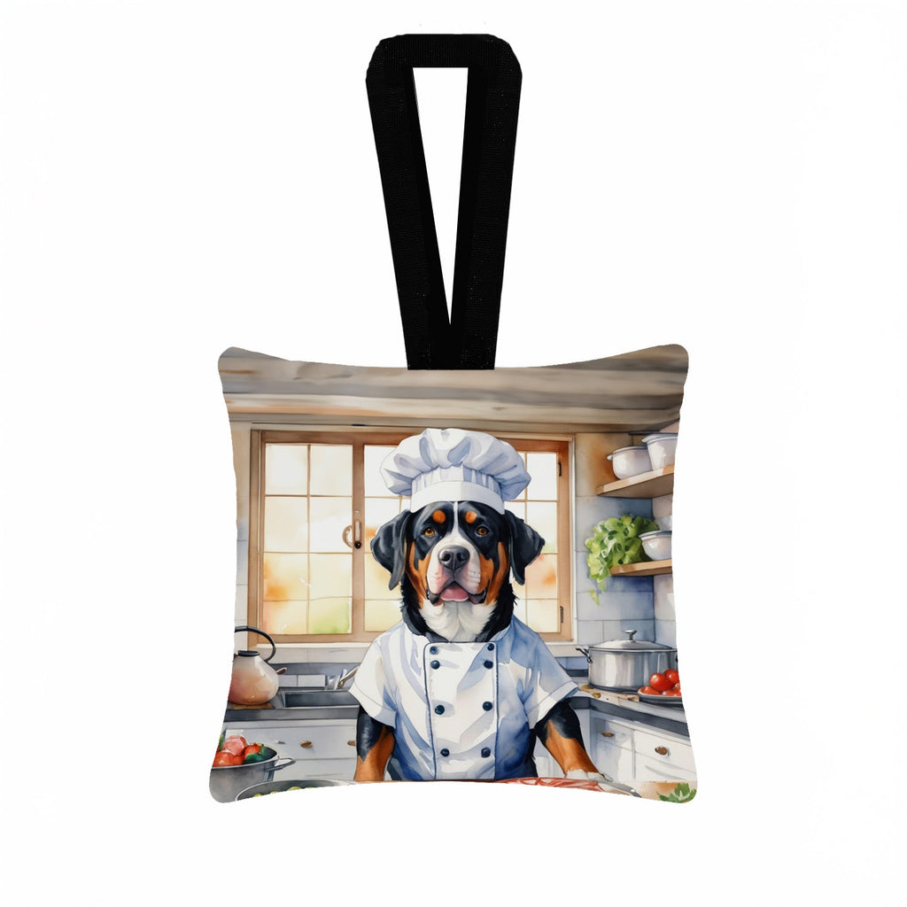 Greater Swiss Mountain Dog The Chef Hanging Square Fabric Ornament 3.5 × 3.5 Decorative Door-Knob & Tree Hanger, Soft Fabric