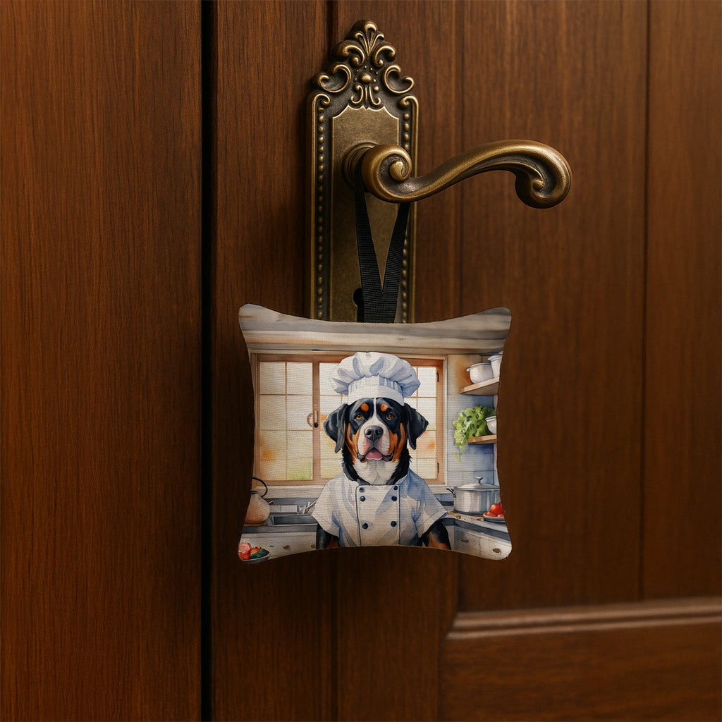Greater Swiss Mountain Dog The Chef Hanging Square Fabric Ornament 3.5 × 3.5 Decorative Door-Knob & Tree Hanger, Soft Fabric