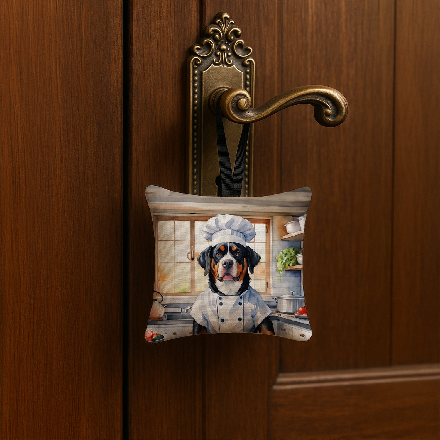 Greater Swiss Mountain Dog The Chef Hanging Square Fabric Ornament 3.5 × 3.5 Decorative Door-Knob & Tree Hanger, Soft Fabric