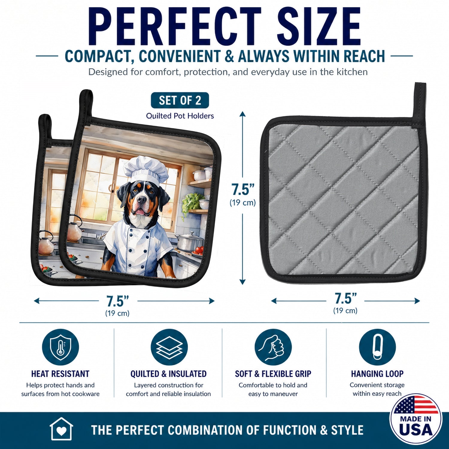 Greater Swiss Mountain Dog The Chef Pot Holder Set of 2 Heat Resistant Quilted Hot Pads 7.5 x 7.5 Inch, Insulated Kitchen Trivets for Cooking & Baking