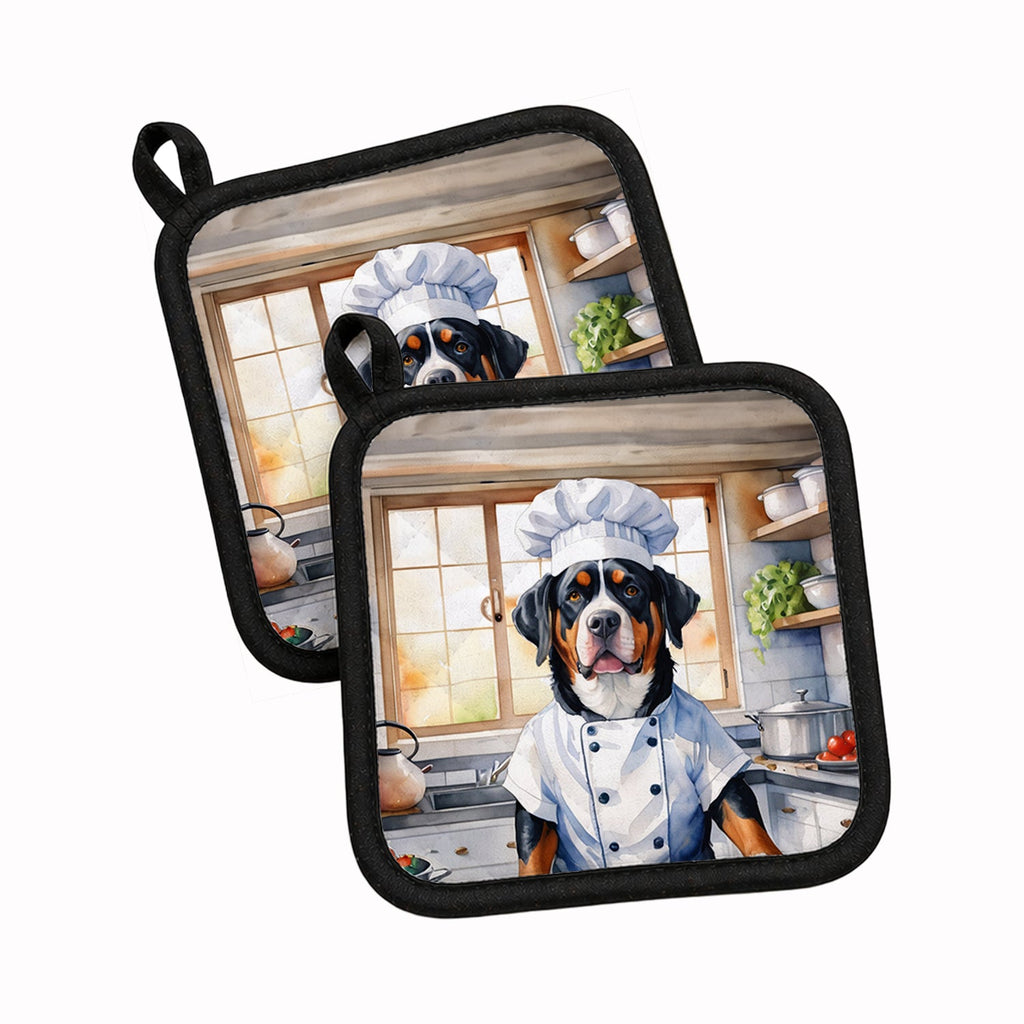 Greater Swiss Mountain Dog The Chef Pot Holder Set of 2 Heat Resistant Quilted Hot Pads 7.5 x 7.5 Inch, Insulated Kitchen Trivets for Cooking & Baking