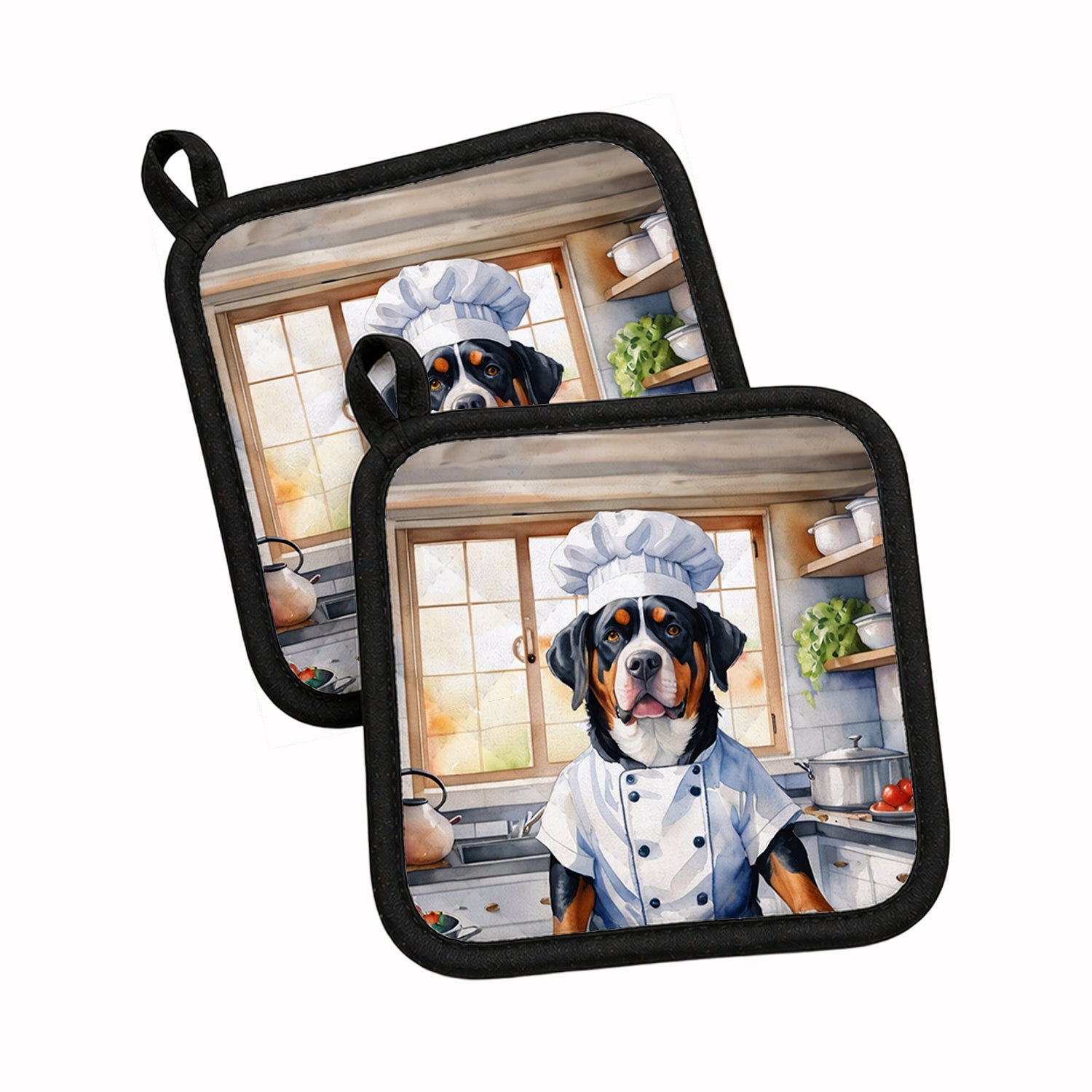 Greater Swiss Mountain Dog The Chef Pot Holder Set of 2 Heat Resistant Quilted Hot Pads 7.5 x 7.5 Inch, Insulated Kitchen Trivets for Cooking & Baking
