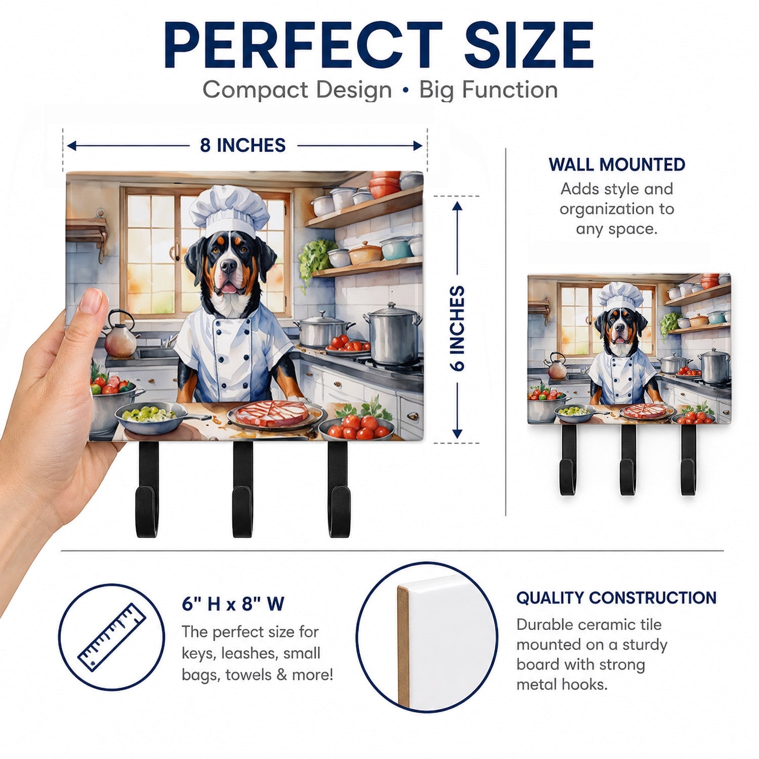 Greater Swiss Mountain Dog The Chef Leash or Key Holder Wall Hooks, Coat Rack Wall Mount, for Hanging Keys, Towels, Aprons, Leashes