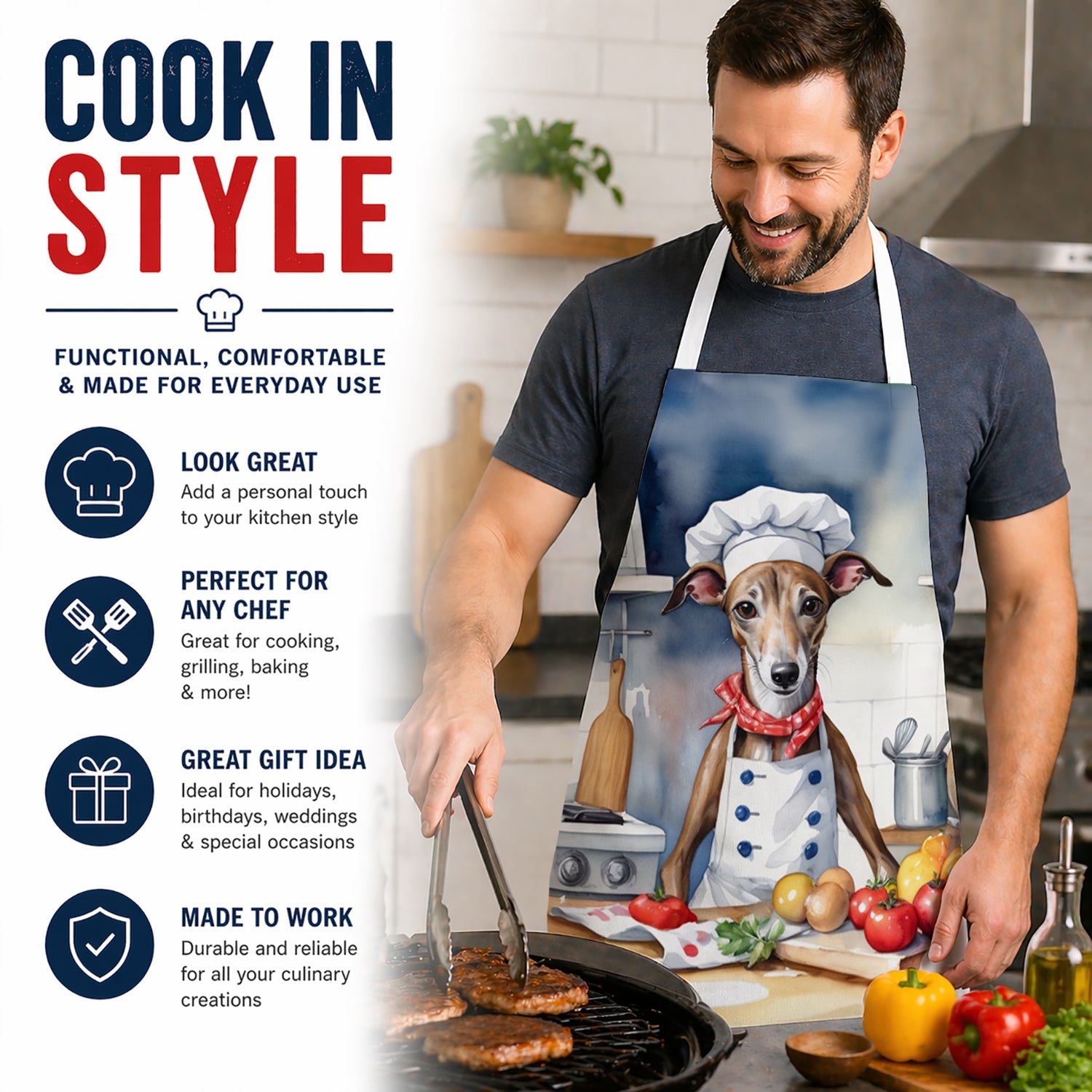 Greyhound The Chef Apron Cooking Kitchen Server Baking Crafts Gardening for Adult Women Men, Unisex, Large, Multicolor