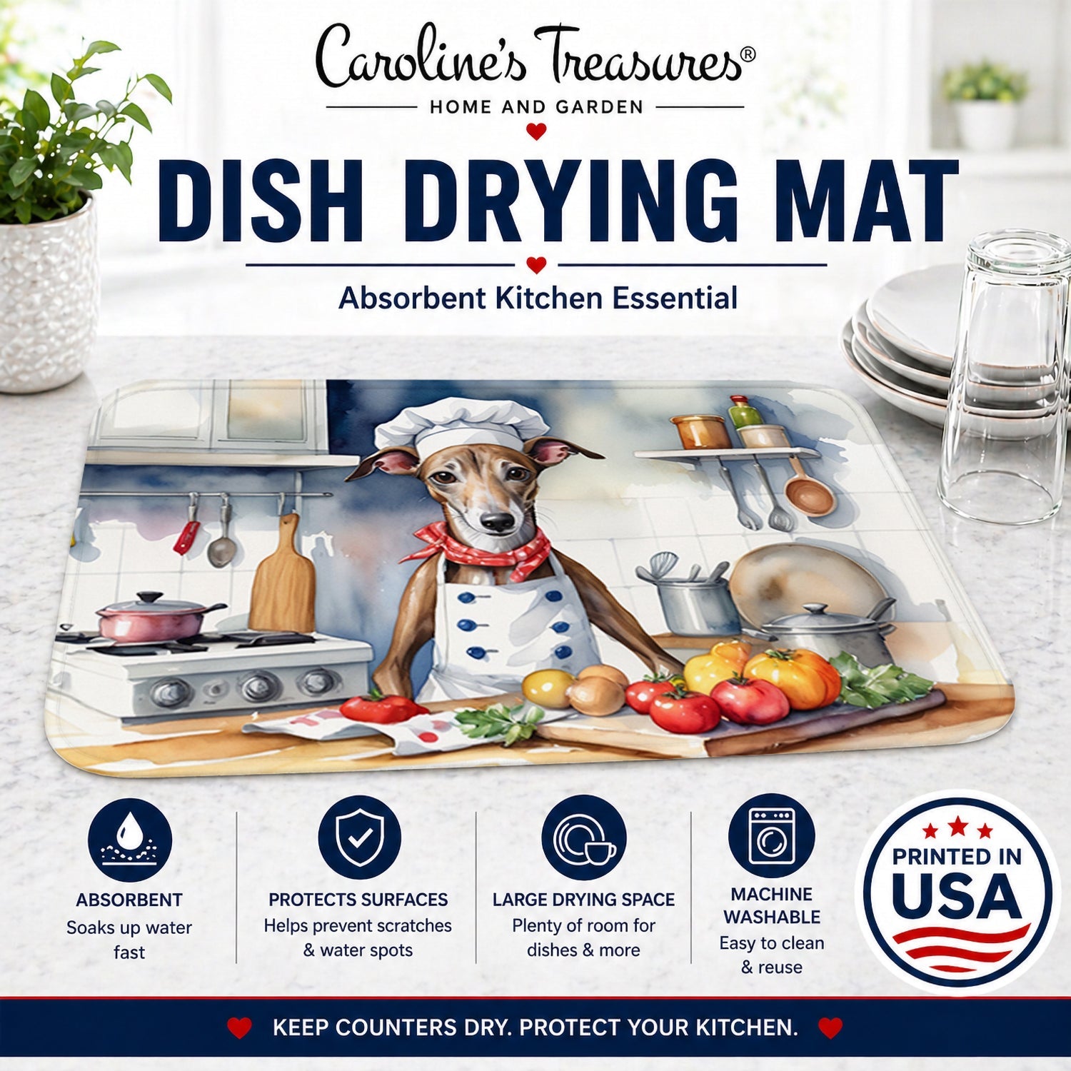 Greyhound The Chef Dish Drying Mat Absorbent Dish Drying Mat Pad for Kitchen Counter Dish Drainer Mat for Countertop, 14 x 21", Multicolor