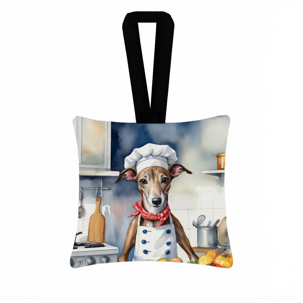 Greyhound The Chef Hanging Square Fabric Ornament 3.5 × 3.5 Decorative Door-Knob & Tree Hanger, Soft Fabric
