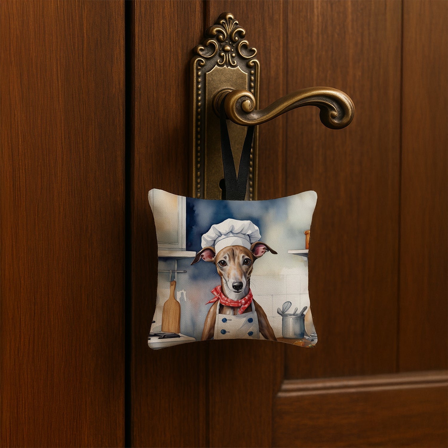 Greyhound The Chef Hanging Square Fabric Ornament 3.5 × 3.5 Decorative Door-Knob & Tree Hanger, Soft Fabric