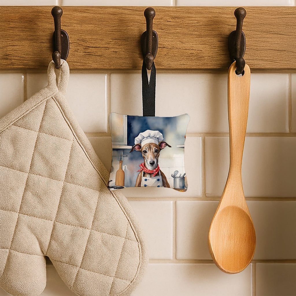Greyhound The Chef Hanging Square Fabric Ornament 3.5 × 3.5 Decorative Door-Knob & Tree Hanger, Soft Fabric