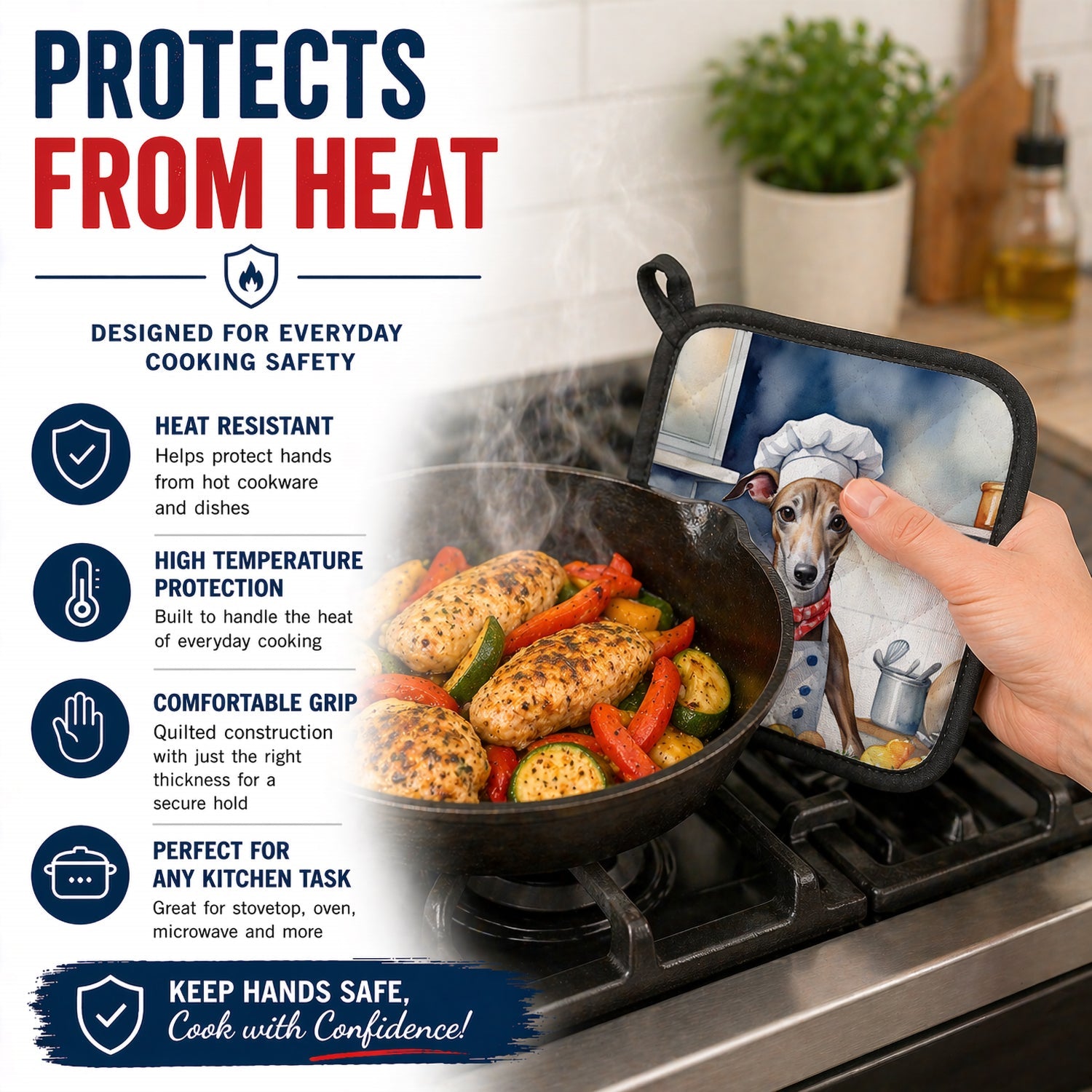 Greyhound The Chef Pot Holder Set of 2 Heat Resistant Quilted Hot Pads 7.5 x 7.5 Inch, Insulated Kitchen Trivets for Cooking & Baking