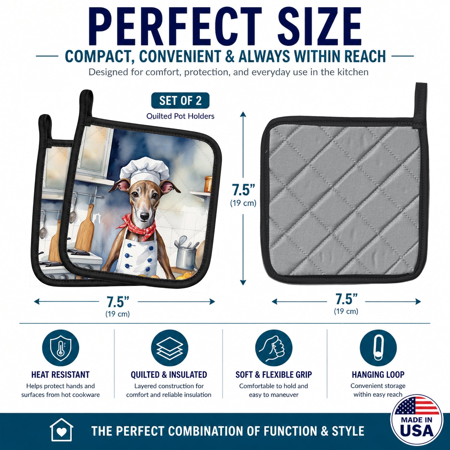 Greyhound The Chef Pot Holder Set of 2 Heat Resistant Quilted Hot Pads 7.5 x 7.5 Inch, Insulated Kitchen Trivets for Cooking & Baking