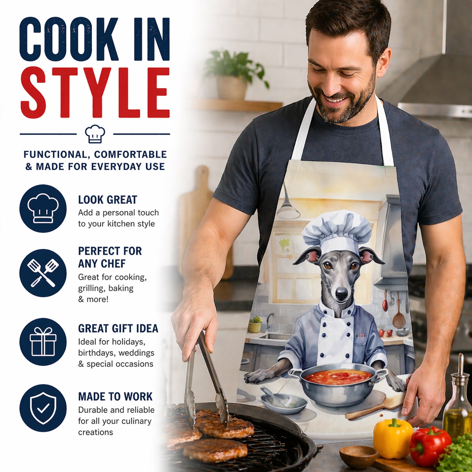 Greyhound The Chef Apron Cooking Kitchen Server Baking Crafts Gardening for Adult Women Men, Unisex, Large, Multicolor
