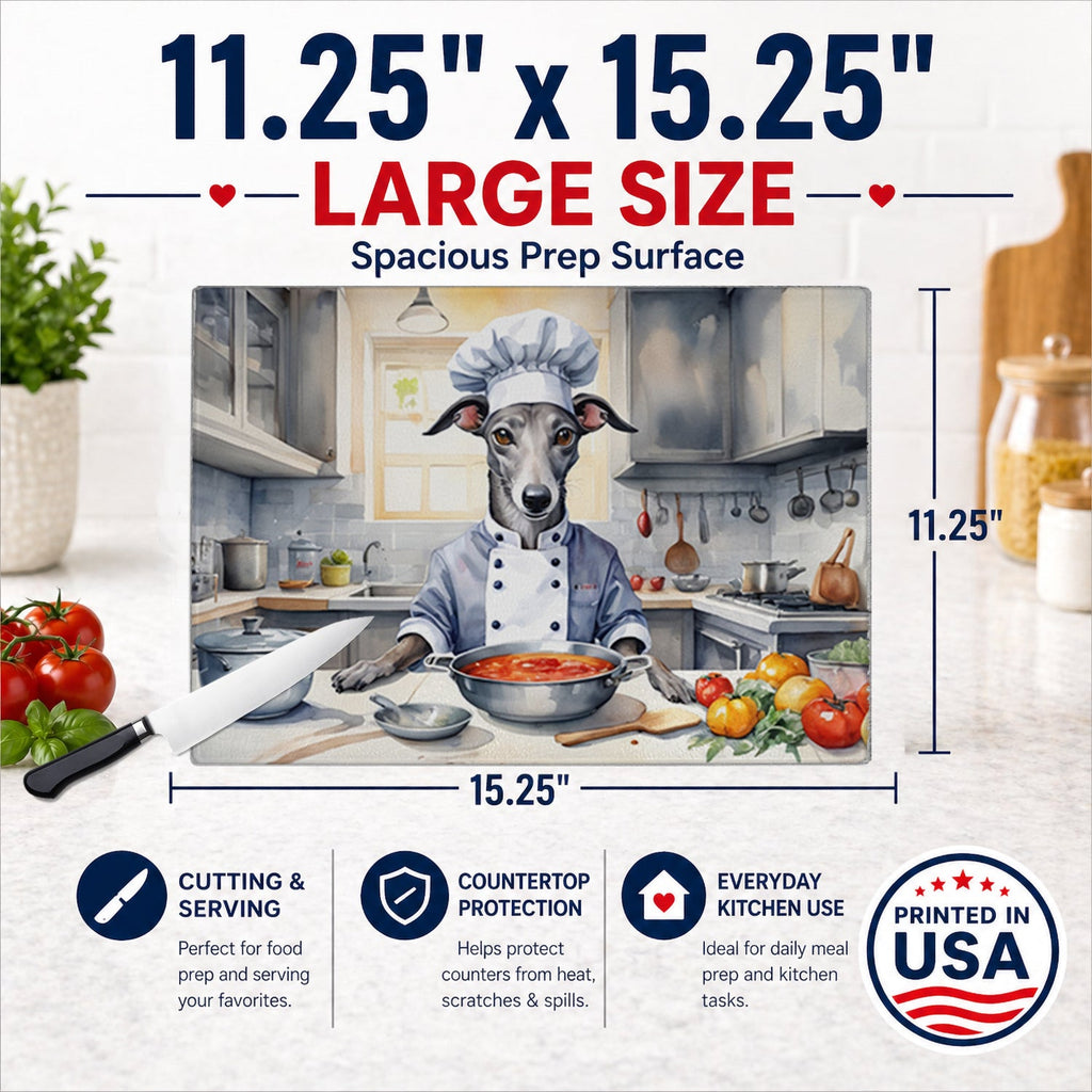 Greyhound The Chef Cutting Board Tempered Glass Kitchen Cutting Surface, Heat Resistant Chopping, Non-Slip Feet, Food Prep & Serving