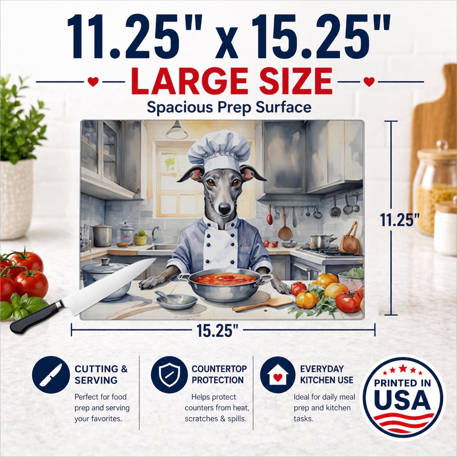 Greyhound The Chef Cutting Board Tempered Glass Kitchen Cutting Surface, Heat Resistant Chopping, Non-Slip Feet, Food Prep & Serving
