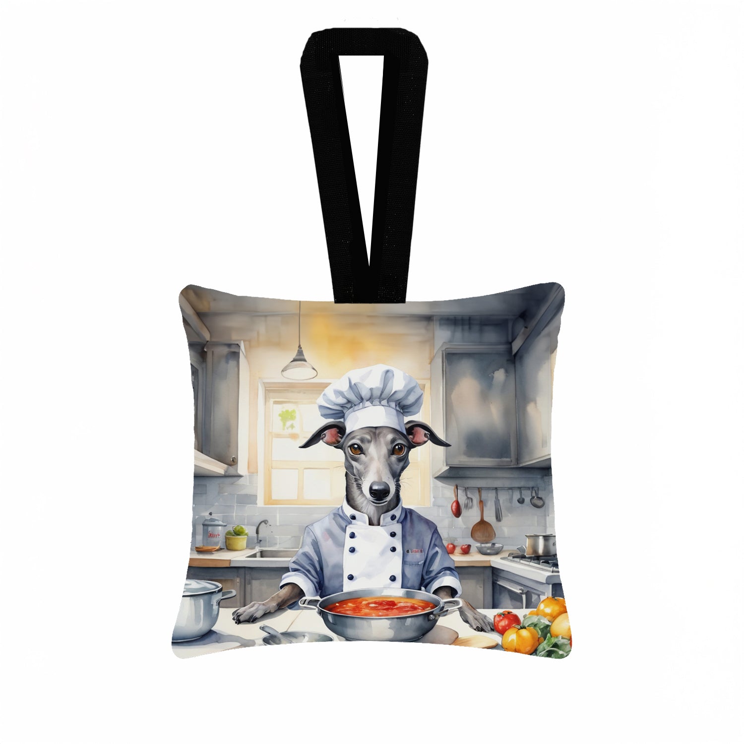 Greyhound The Chef Hanging Square Fabric Ornament 3.5 × 3.5 Decorative Door-Knob & Tree Hanger, Soft Fabric